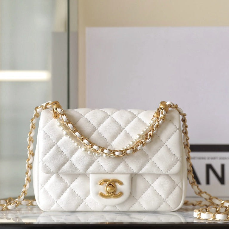 cc 24p mini flap bag 17cm white lambskin pearl chain mysite