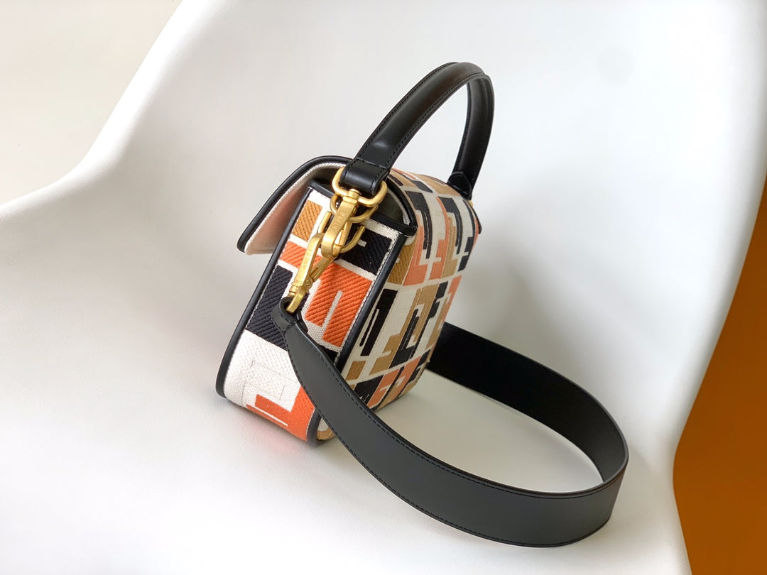 Fend Baguette Black White Brown Orange Canvas Bag 27 with FF Embroidery Ghw mysite
