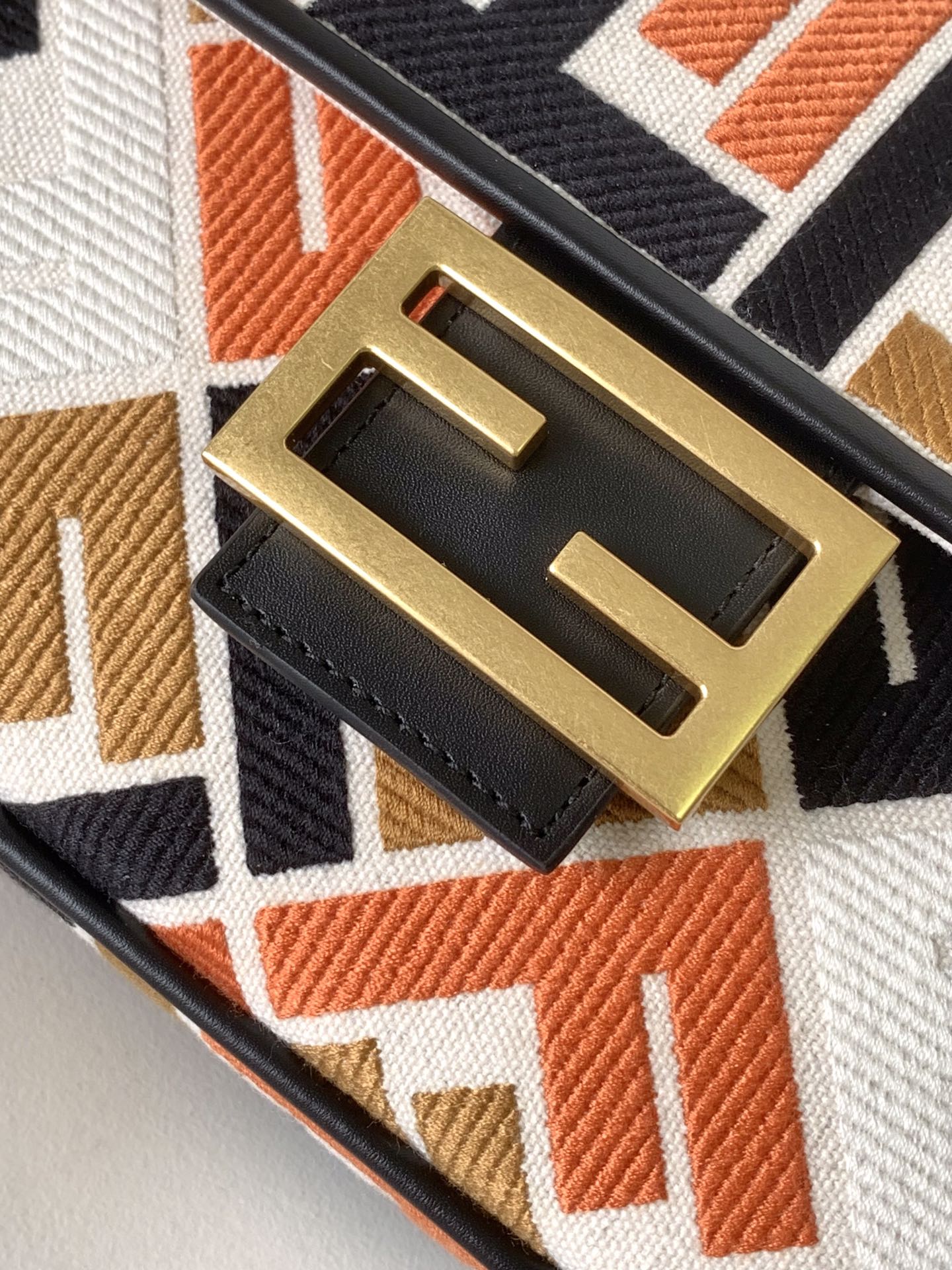 Fend Baguette Black White Brown Orange Canvas Bag 27 with FF Embroidery Ghw mysite