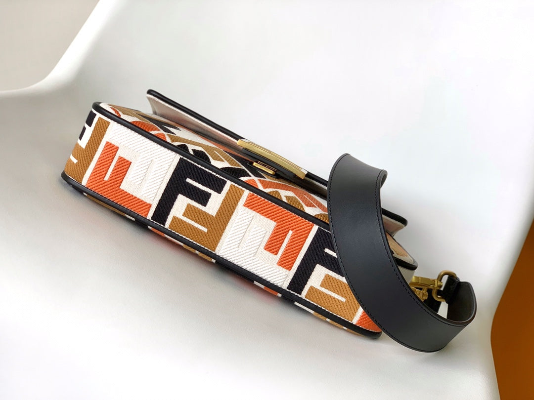 Fend Baguette Black White Brown Orange Canvas Bag 27 with FF Embroidery Ghw mysite