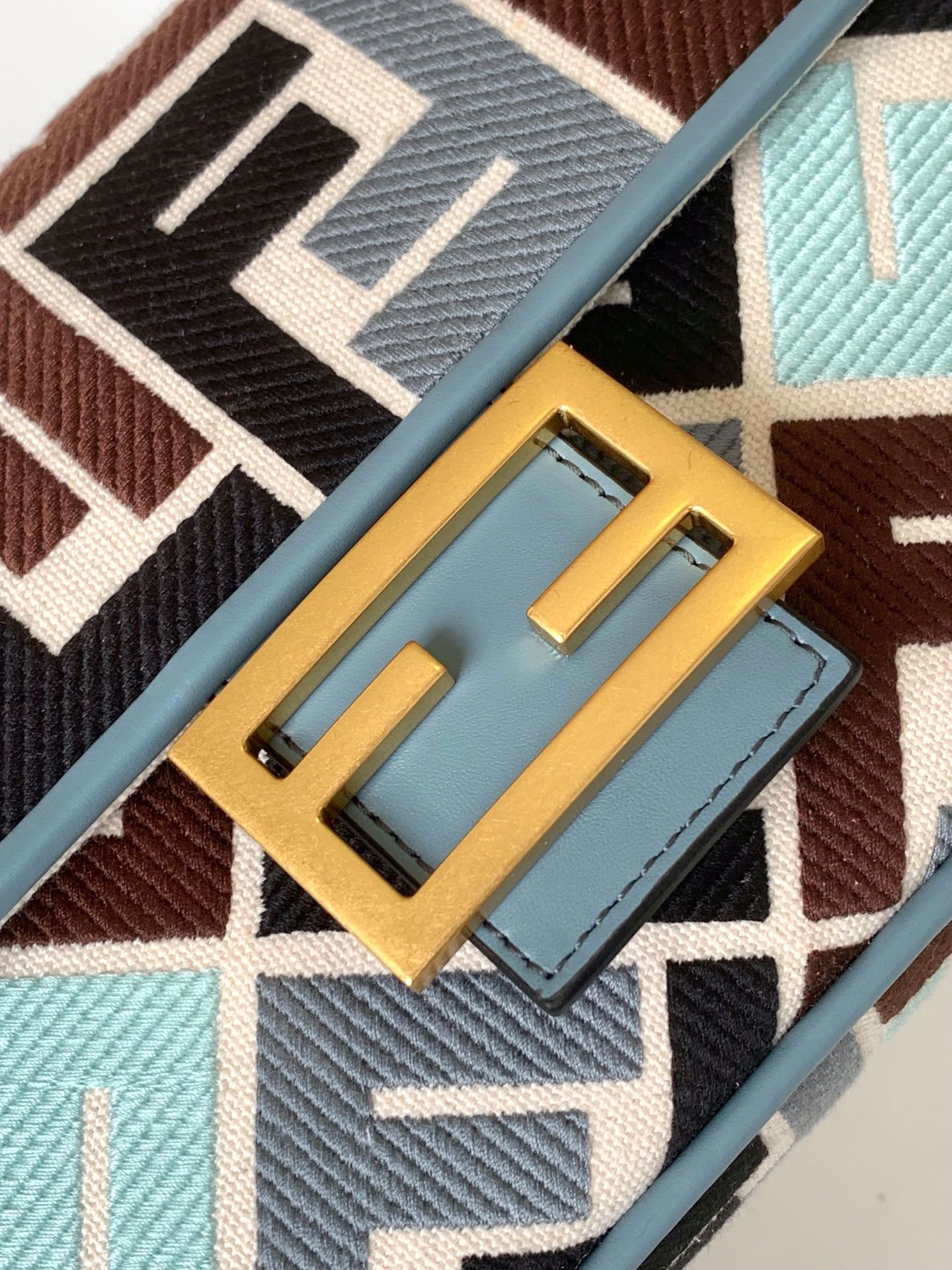 Fend Baguette Sky Blue and Multicolour Canvas Bag 27 with FF Embroidery Ghw mysite