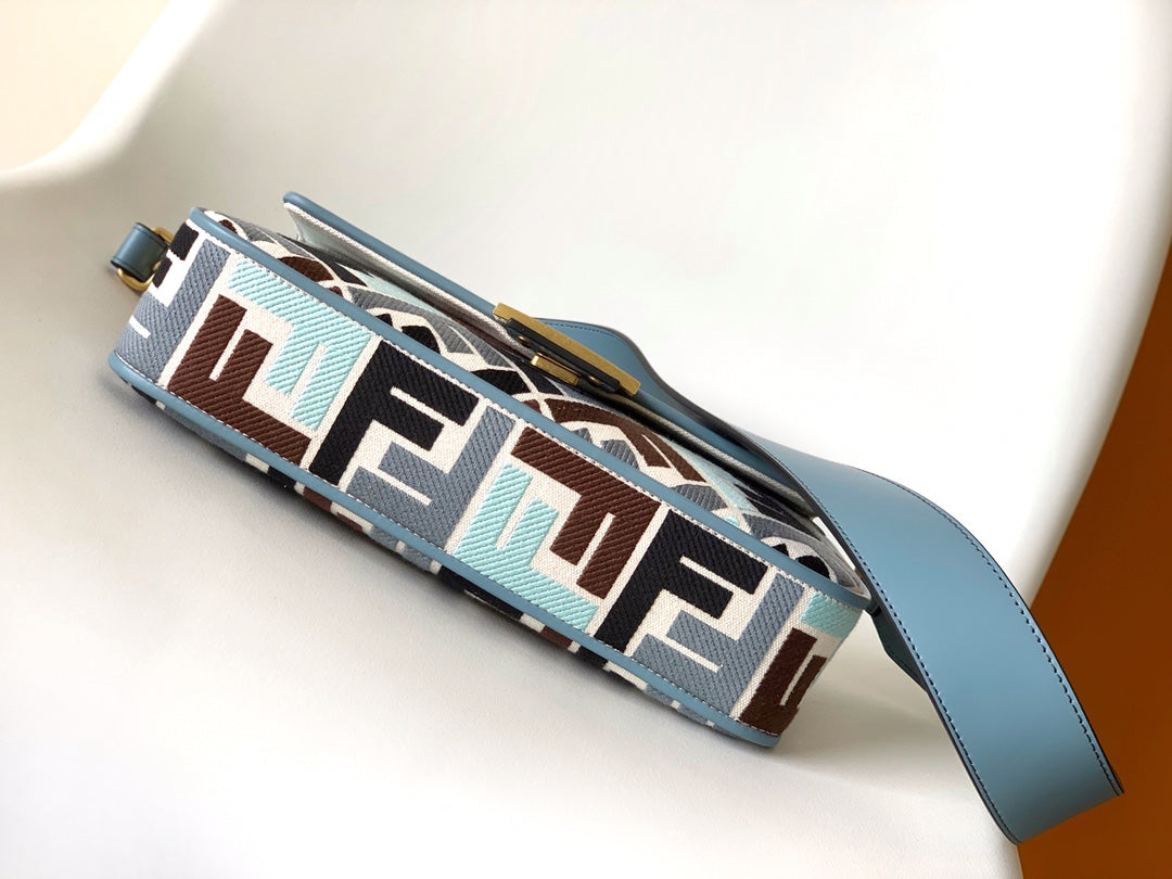 Fend Baguette Sky Blue and Multicolour Canvas Bag 27 with FF Embroidery Ghw mysite