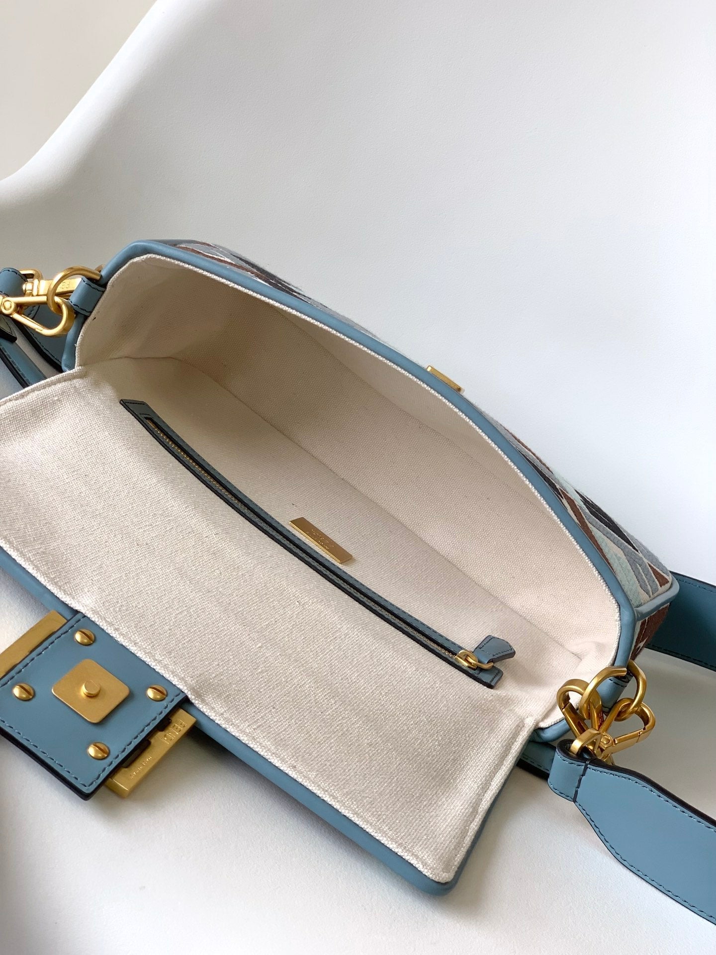 Fend Baguette Sky Blue and Multicolour Canvas Bag 27 with FF Embroidery Ghw mysite