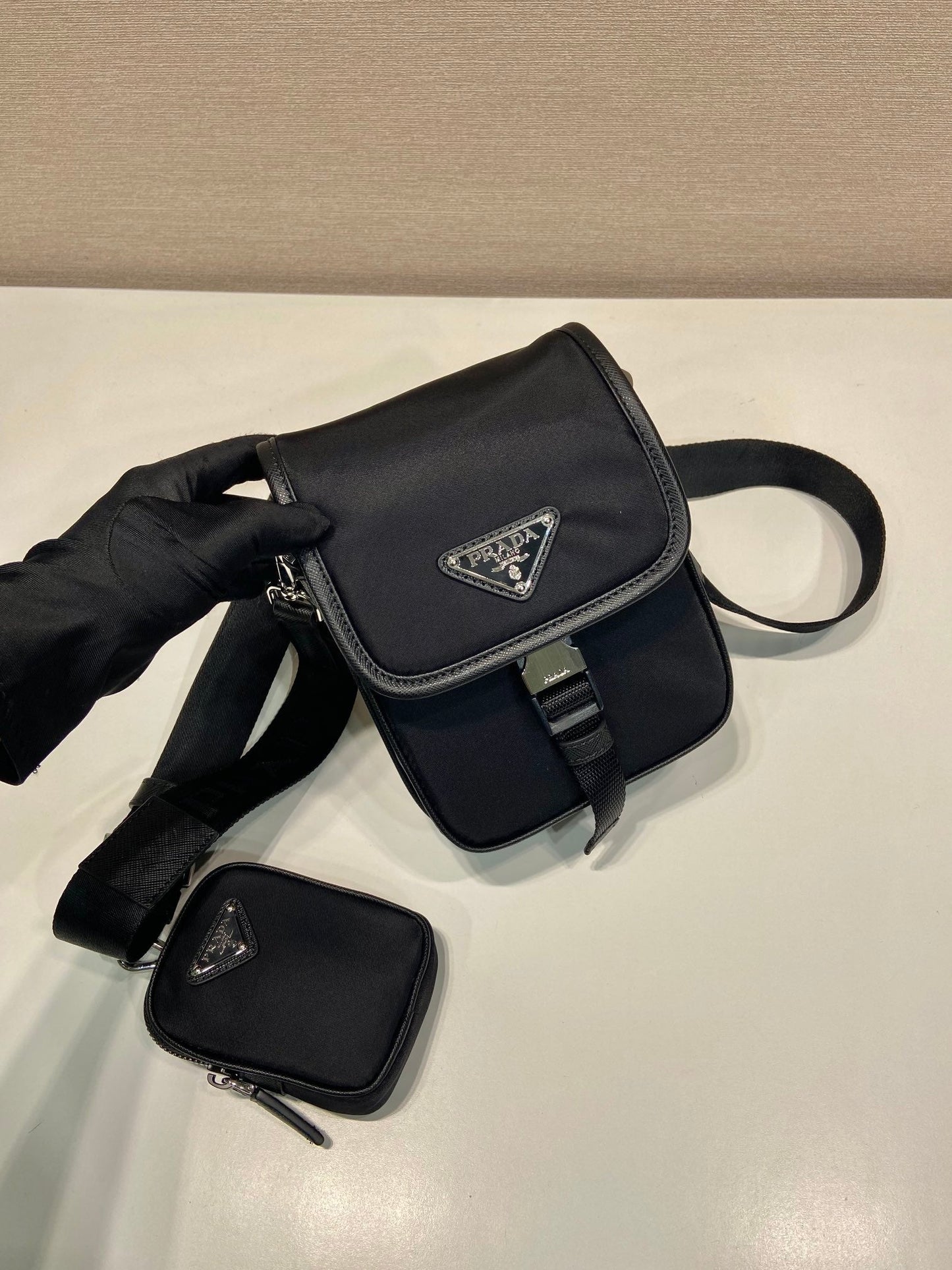 PHONE BAG 19 IN BLACK RE-NYLON AND SAFFIANO LEATHER TRIM mysite