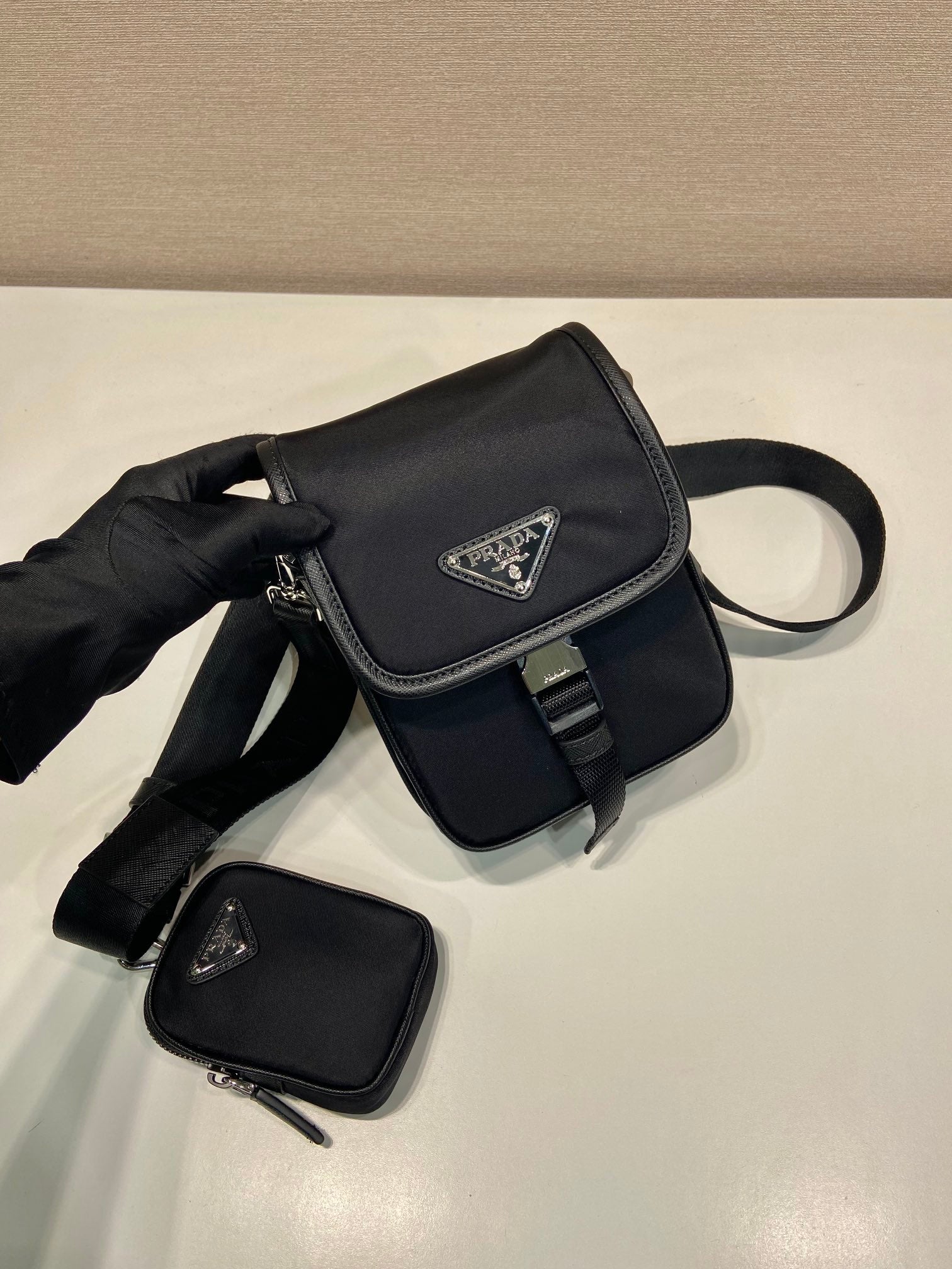 PHONE BAG 19 IN BLACK RE-NYLON AND SAFFIANO LEATHER TRIM mysite