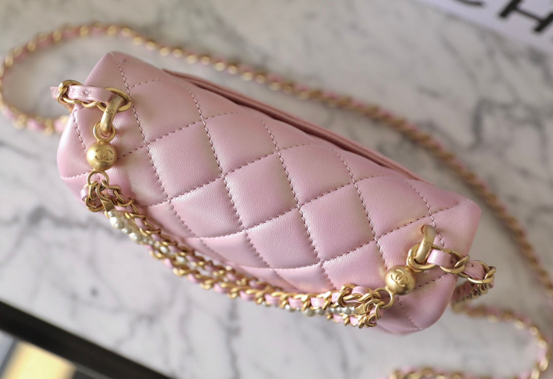 cc 24p mini flap bag 17cm pearlescent pink lambskin pearl chain mysite