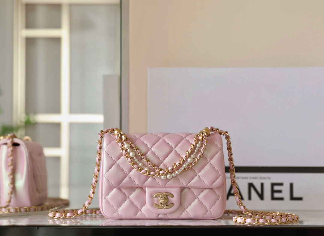 cc 24p mini flap bag 17cm pearlescent pink lambskin pearl chain mysite
