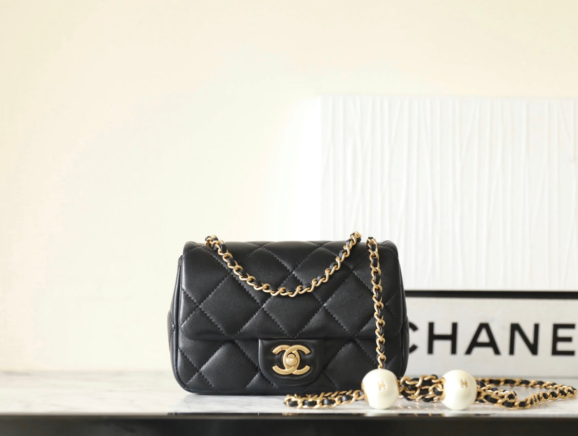 cc 24s mini flap bag 17cm black lambskin pearl ball mysite