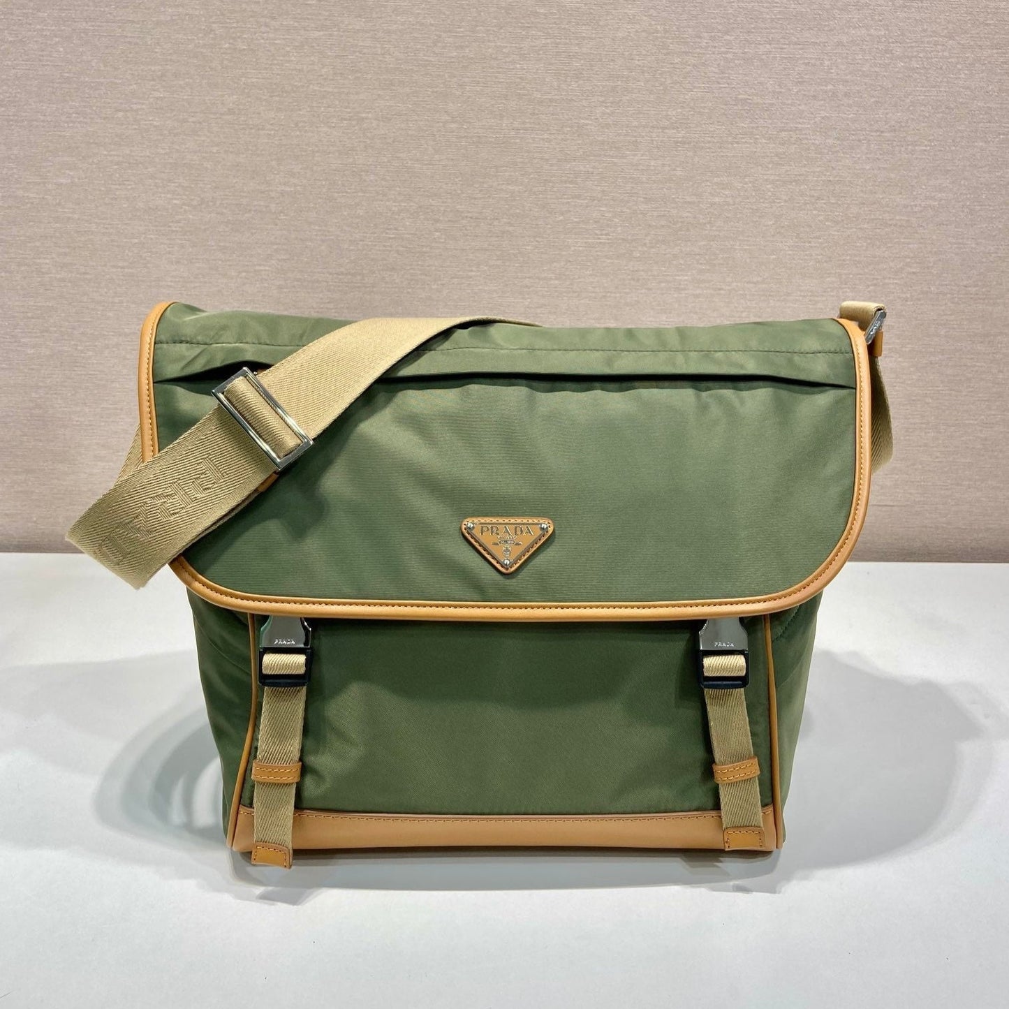 LARGE FLAP BAG 30 IN SEAWEED GREEN RE-NYLON AND BROWN CALFSKIN TRIM mysite