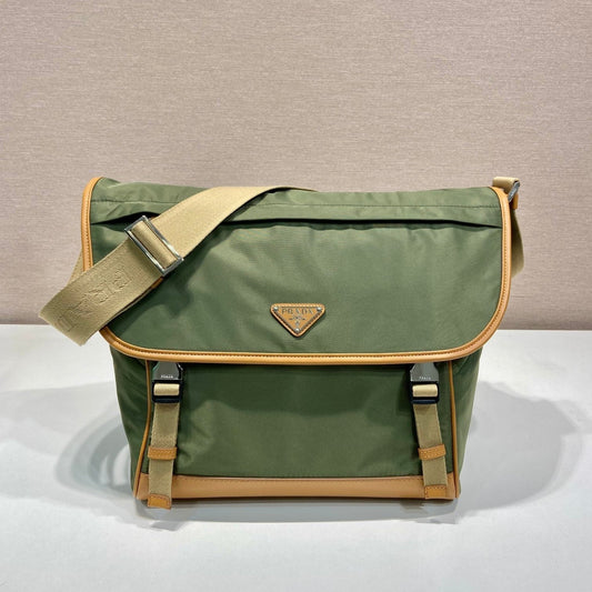 LARGE FLAP BAG 30 IN SEAWEED GREEN RE-NYLON AND BROWN CALFSKIN TRIM mysite
