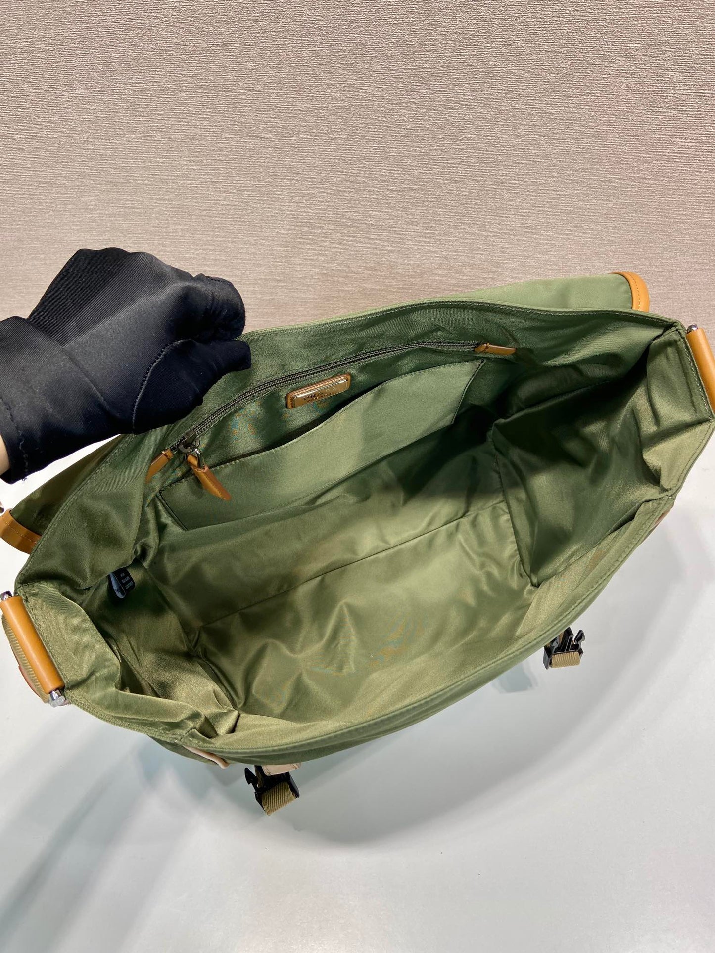 LARGE FLAP BAG 30 IN SEAWEED GREEN RE-NYLON AND BROWN CALFSKIN TRIM mysite