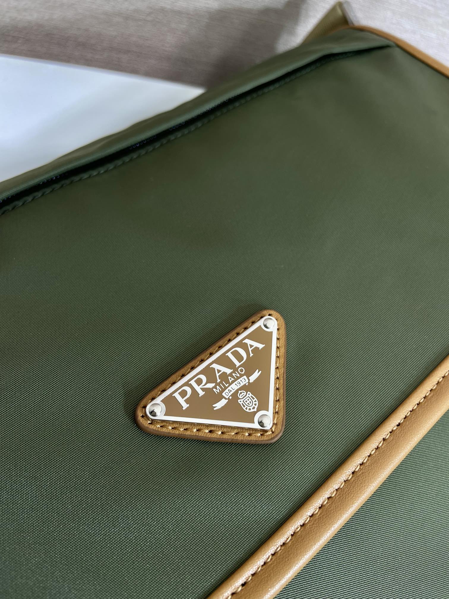 LARGE FLAP BAG 30 IN SEAWEED GREEN RE-NYLON AND BROWN CALFSKIN TRIM mysite