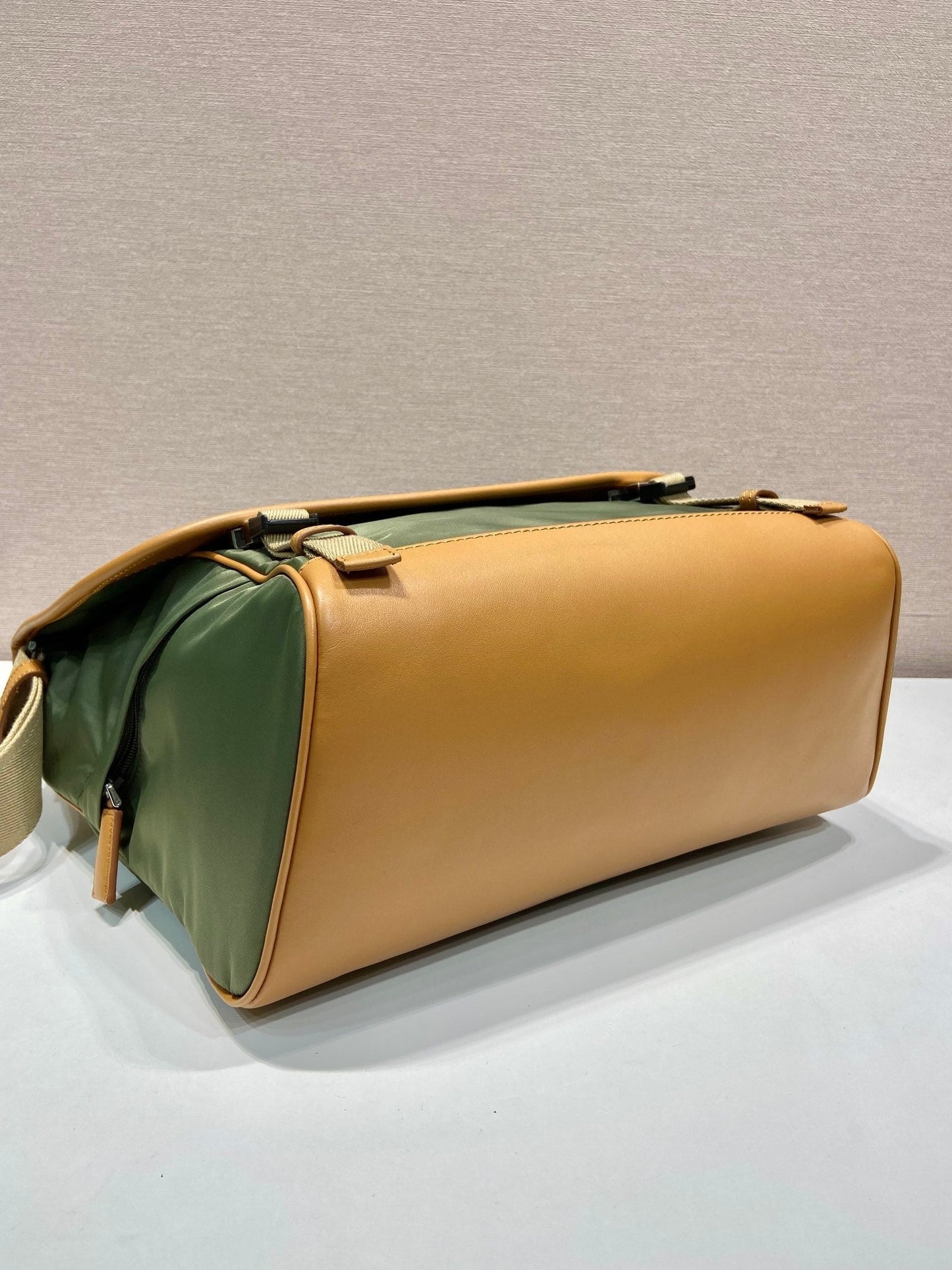 LARGE FLAP BAG 30 IN SEAWEED GREEN RE-NYLON AND BROWN CALFSKIN TRIM mysite