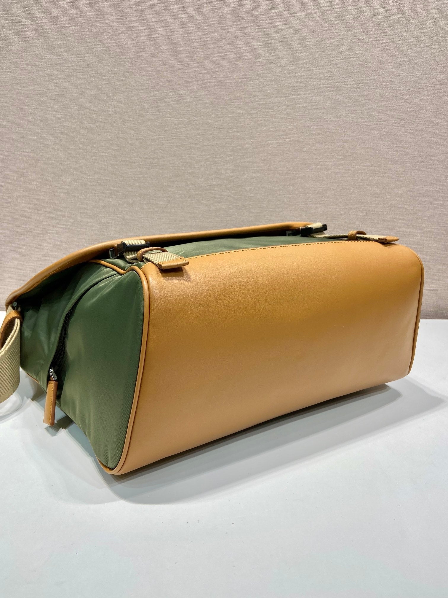LARGE FLAP BAG 30 IN SEAWEED GREEN RE-NYLON AND BROWN CALFSKIN TRIM mysite