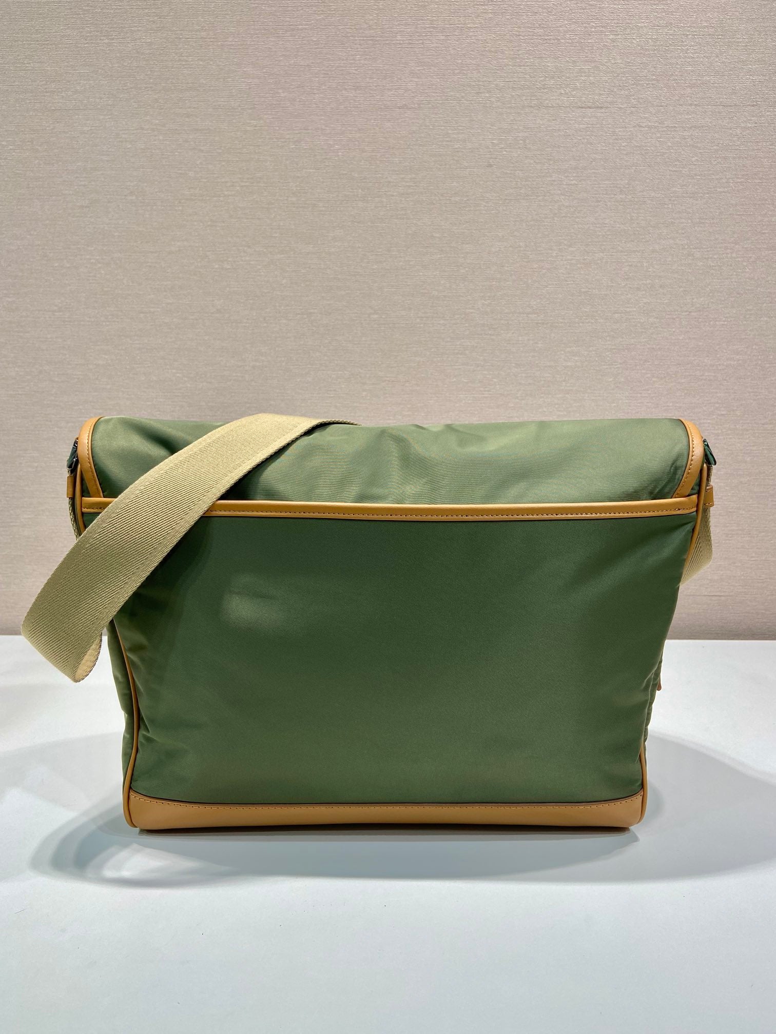 LARGE FLAP BAG 30 IN SEAWEED GREEN RE-NYLON AND BROWN CALFSKIN TRIM mysite