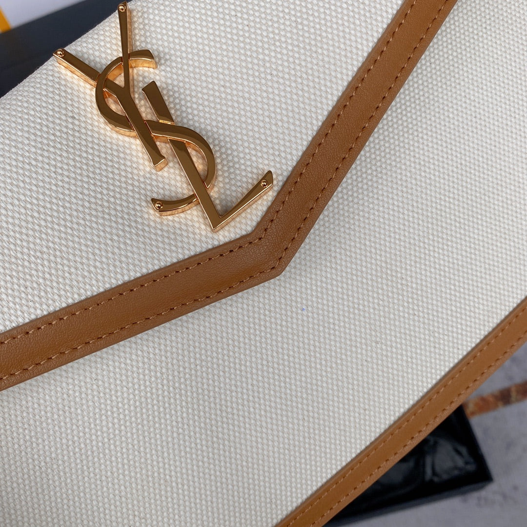UPTOWN POUCH 27 IN WHITE CANVAS AND BROWN LEATHER TRIM GOLD LOGO mysite