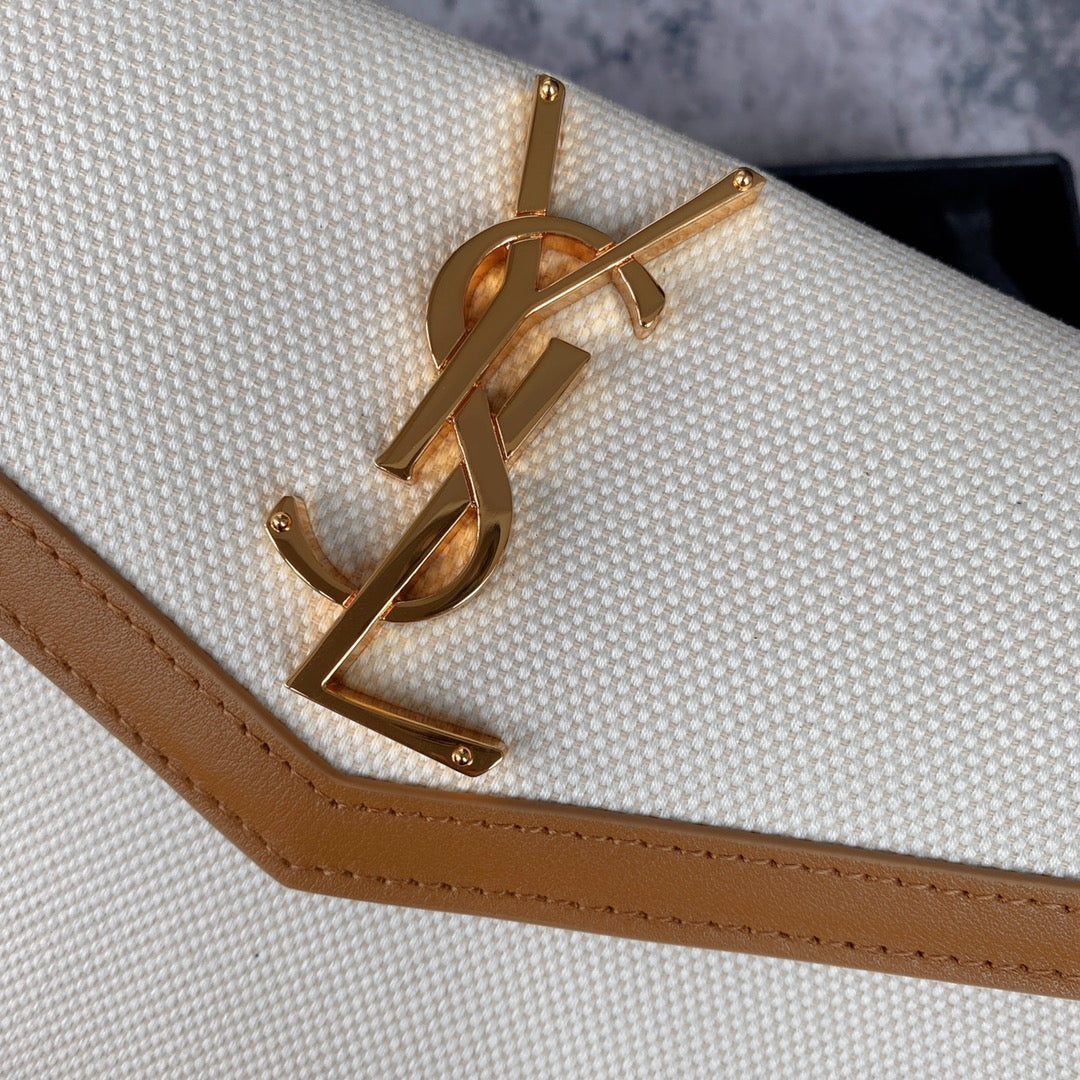 UPTOWN POUCH 27 IN WHITE CANVAS AND BROWN LEATHER TRIM GOLD LOGO mysite