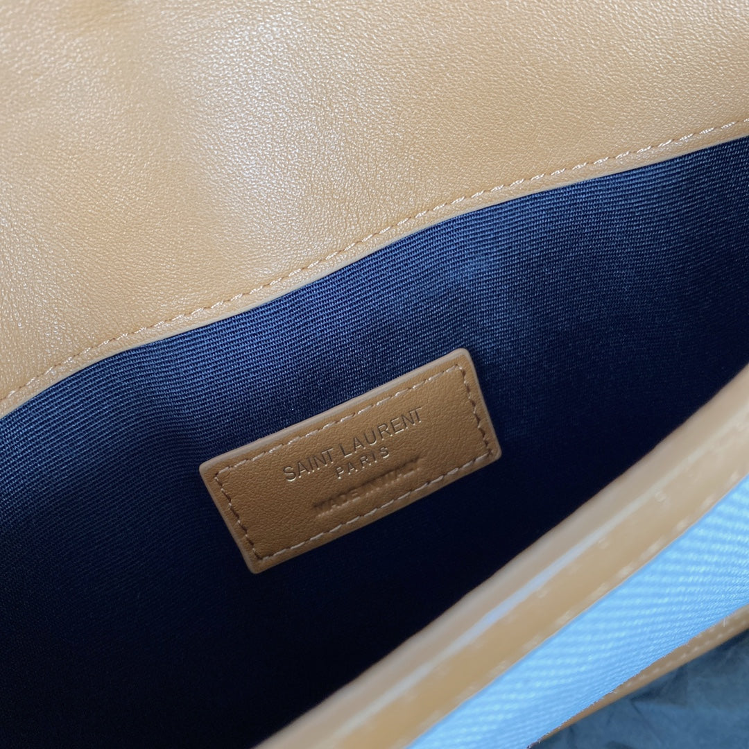 UPTOWN POUCH 27 IN WHITE CANVAS AND BROWN LEATHER TRIM GOLD LOGO mysite