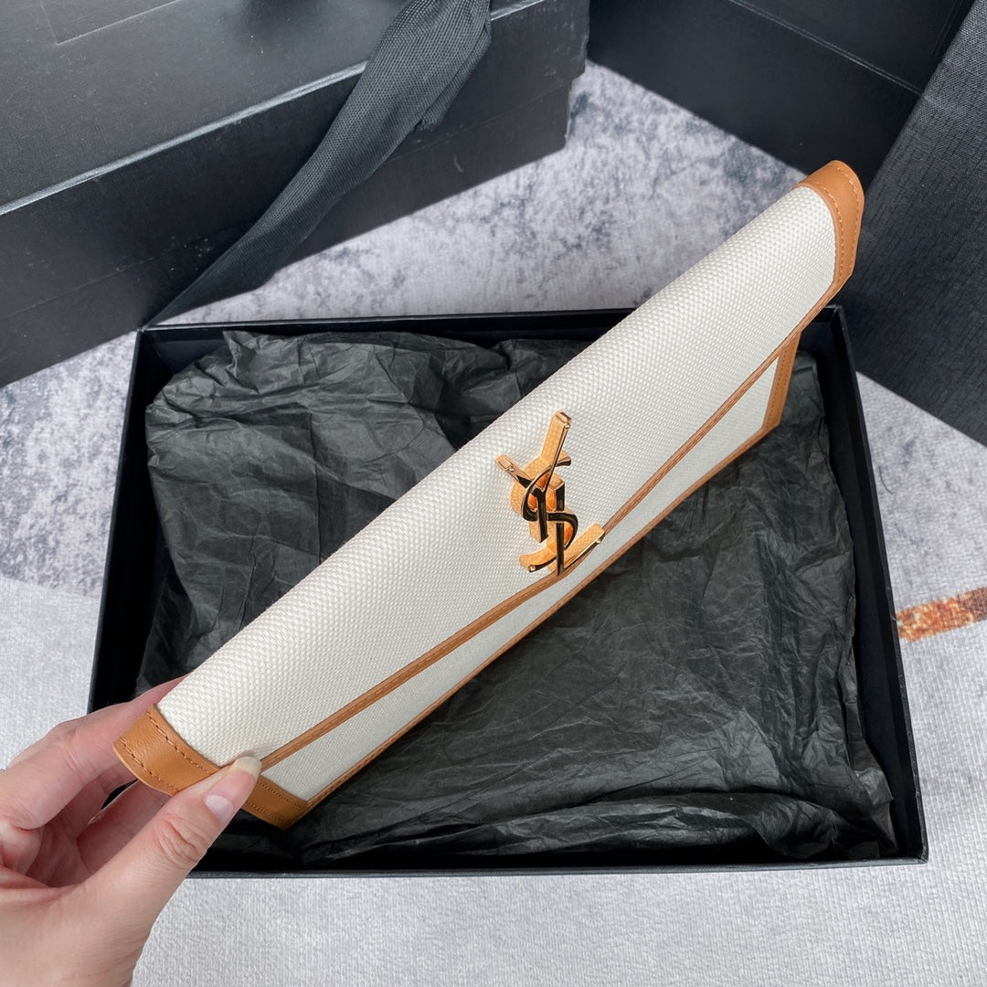 UPTOWN POUCH 27 IN WHITE CANVAS AND BROWN LEATHER TRIM GOLD LOGO mysite