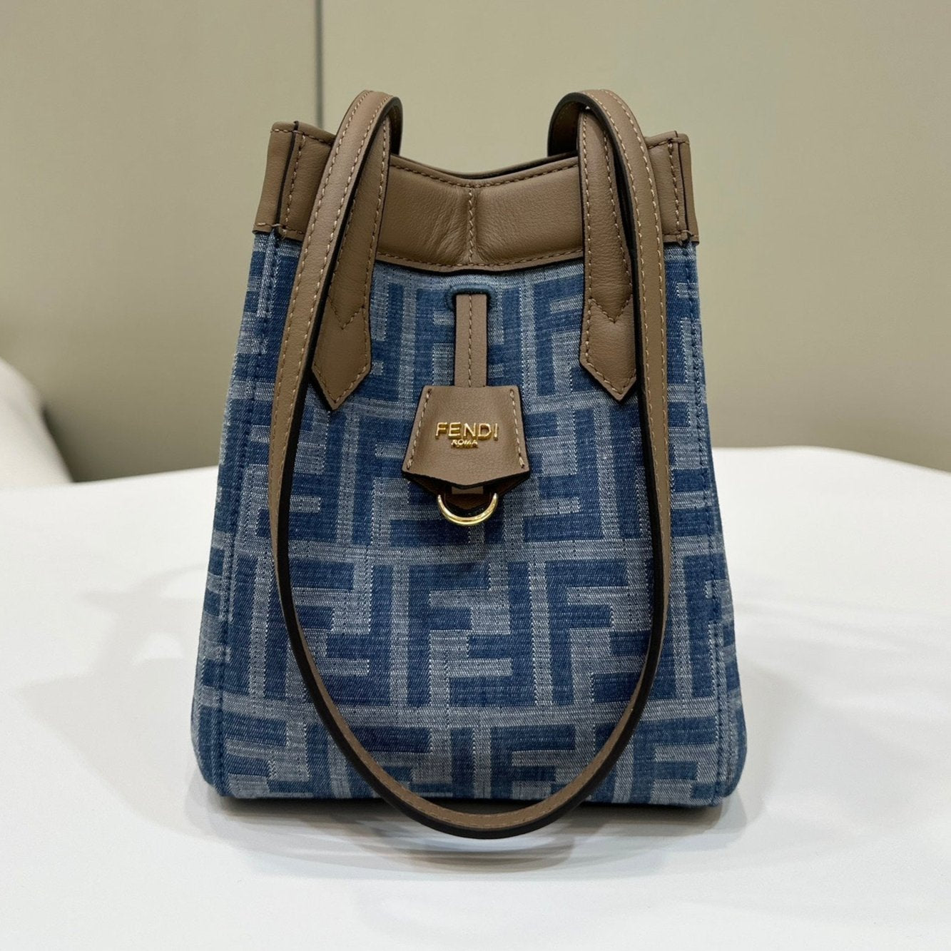 FENDI ORIGAMI MINI 19 IN TRUE BLUE MONOGRAM DENIM WITH CALFSKIN STRAP mysite