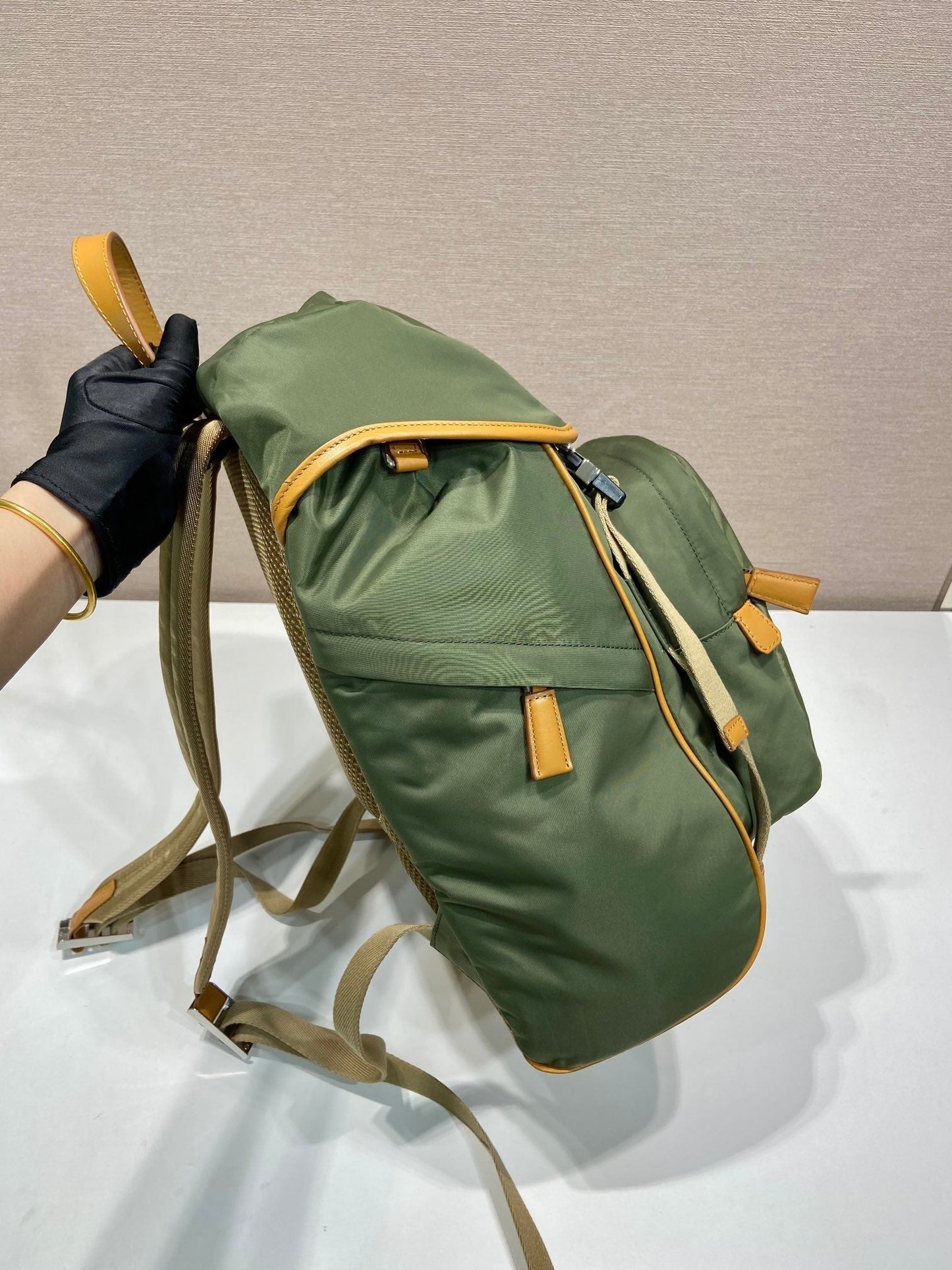 BACKPACK 45 IN SEAWEED GREEN RE-NYLON AND BROWN CALFSKIN TRIM mysite