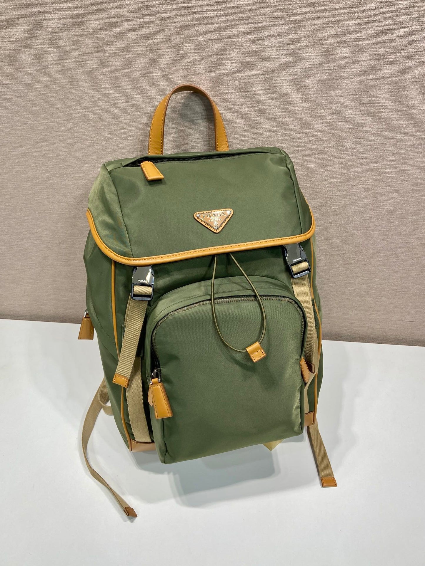 BACKPACK 45 IN SEAWEED GREEN RE-NYLON AND BROWN CALFSKIN TRIM mysite
