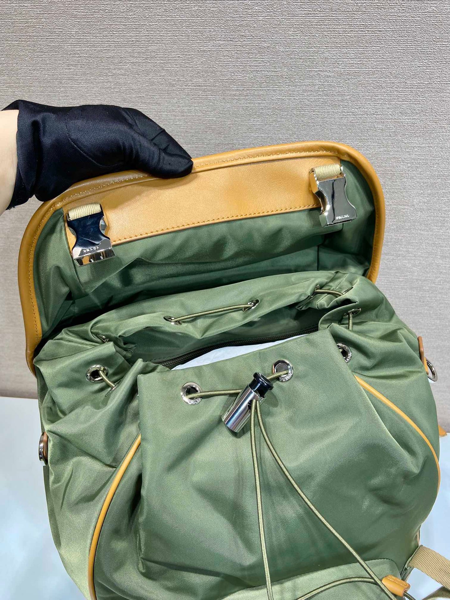 BACKPACK 45 IN SEAWEED GREEN RE-NYLON AND BROWN CALFSKIN TRIM mysite