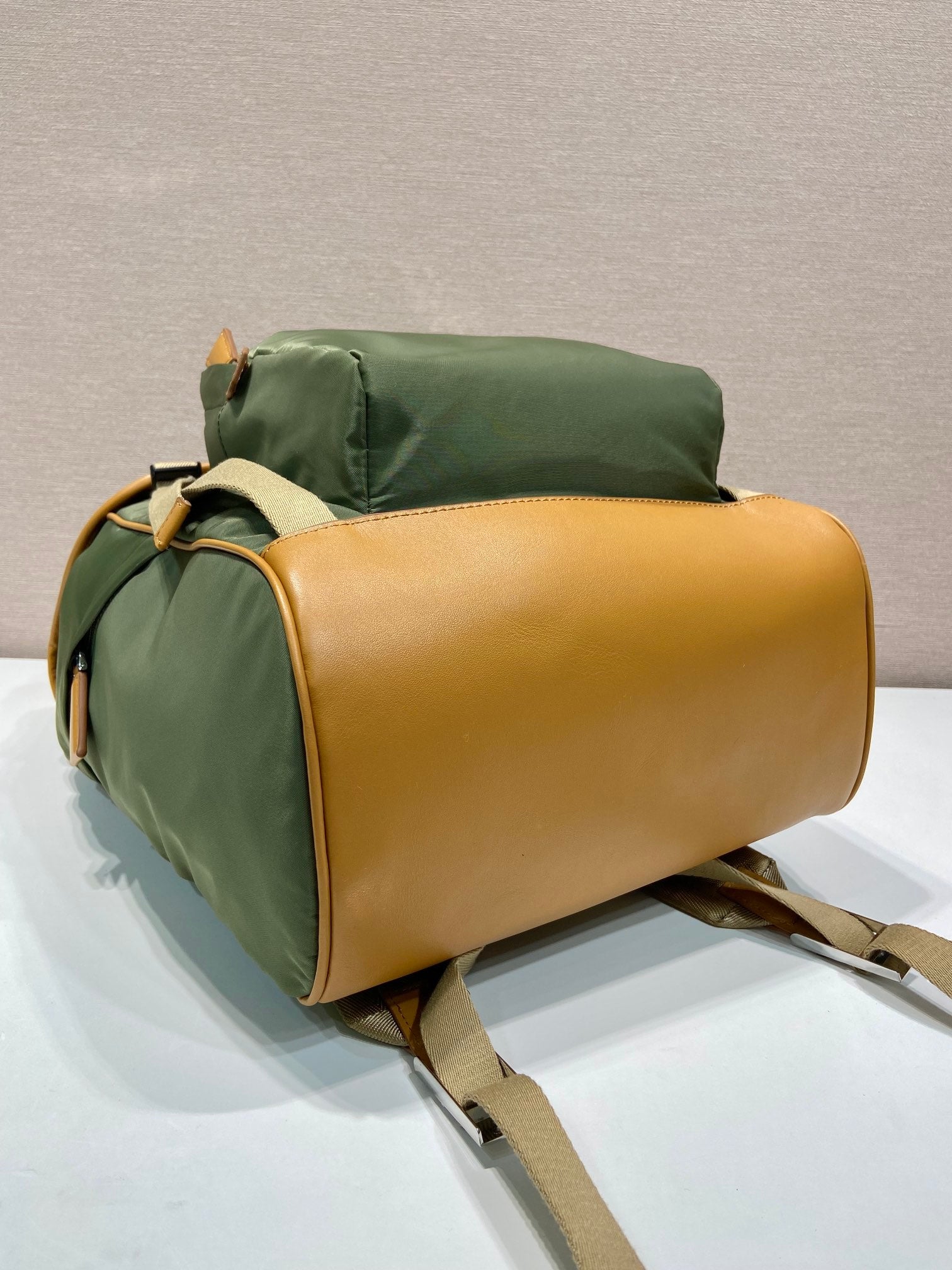 BACKPACK 45 IN SEAWEED GREEN RE-NYLON AND BROWN CALFSKIN TRIM mysite