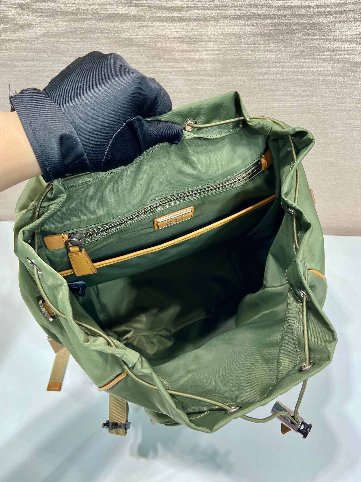 BACKPACK 45 IN SEAWEED GREEN RE-NYLON AND BROWN CALFSKIN TRIM mysite