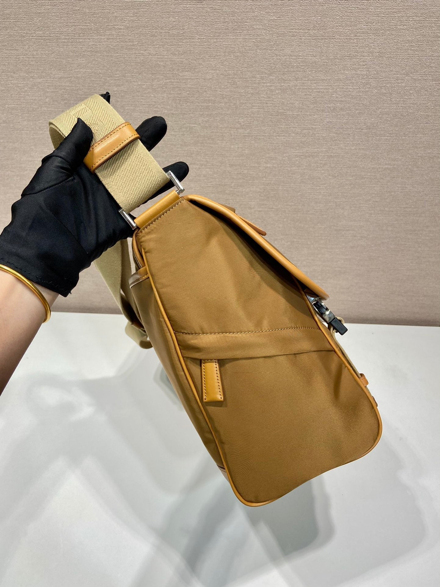 LARGE FLAP BAG 30 IN CIDER BROWN RE-NYLON AND CALFSKIN TRIM mysite