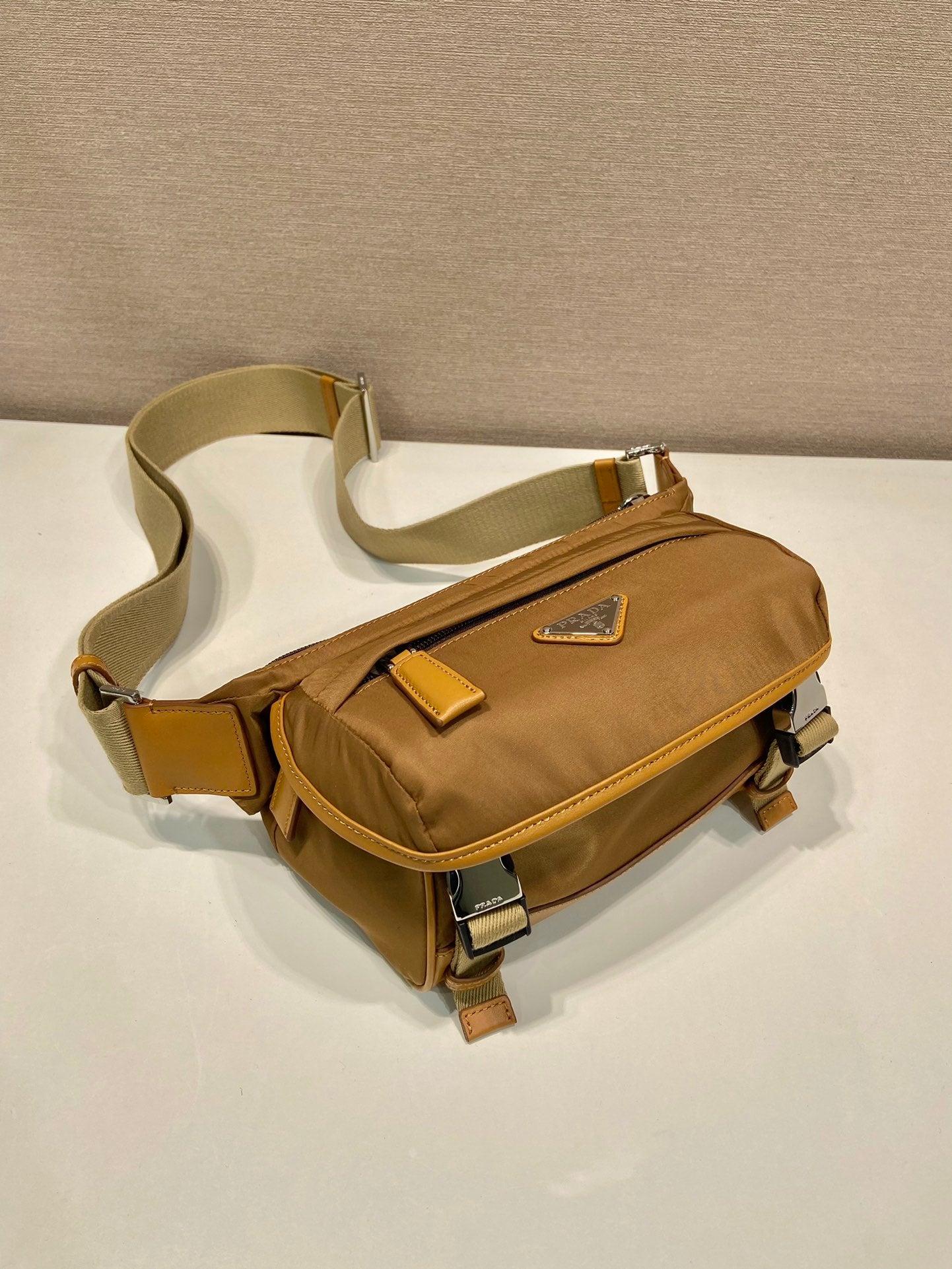 MESSENGER BAG 20 IN CIDER BROWN RE-NYLON AND CALFSKIN TRIM mysite