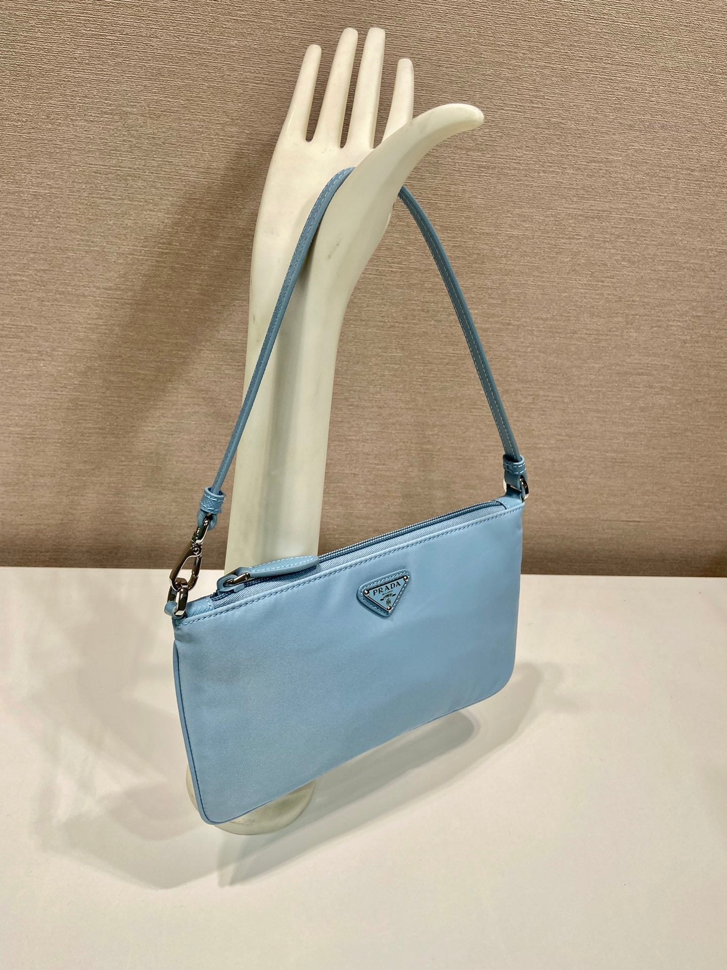SHOULDER BAG 24 WITH TRIANGLE LOGO IN SKY BLUE RE-NYLON FABRIC mysite