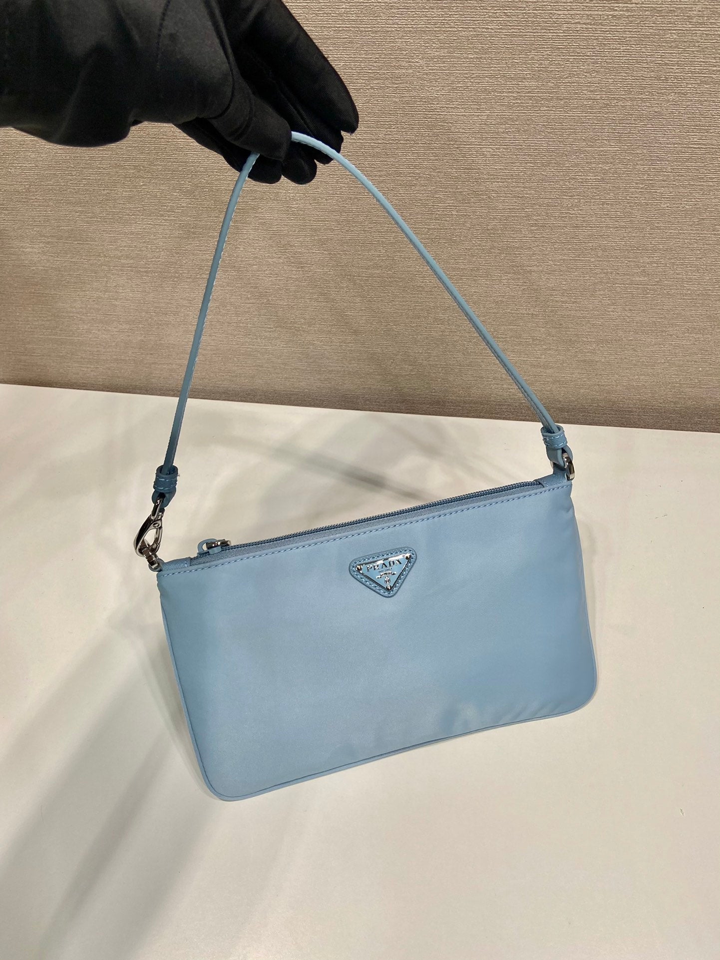 SHOULDER BAG 24 WITH TRIANGLE LOGO IN SKY BLUE RE-NYLON FABRIC mysite