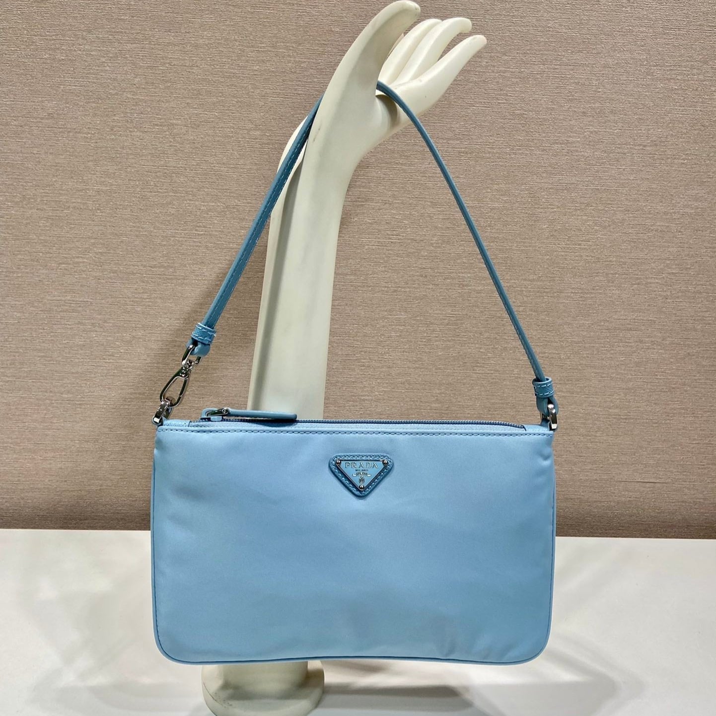 SHOULDER BAG 24 WITH TRIANGLE LOGO IN SKY BLUE RE-NYLON FABRIC mysite