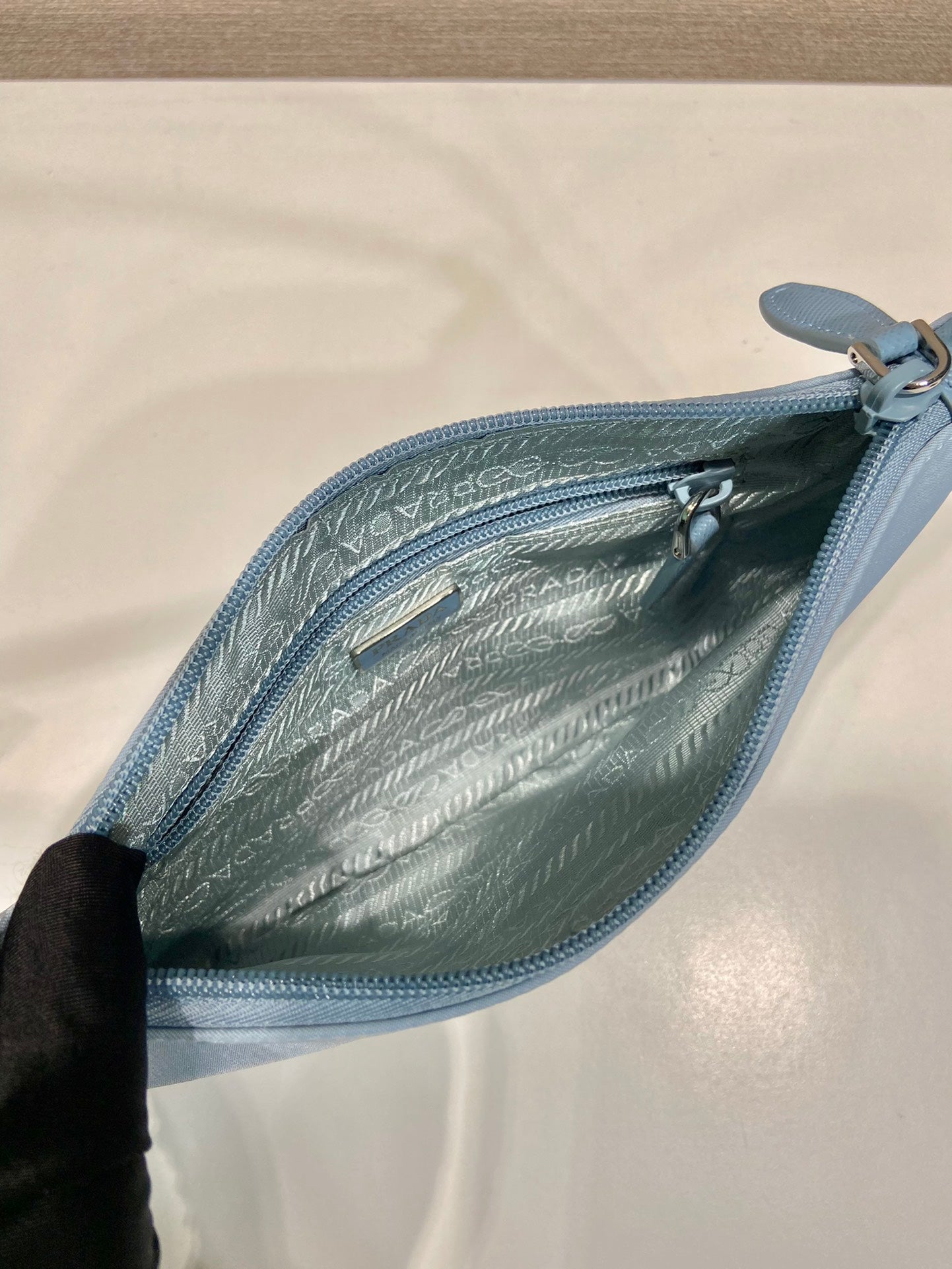 SHOULDER BAG 24 WITH TRIANGLE LOGO IN SKY BLUE RE-NYLON FABRIC mysite