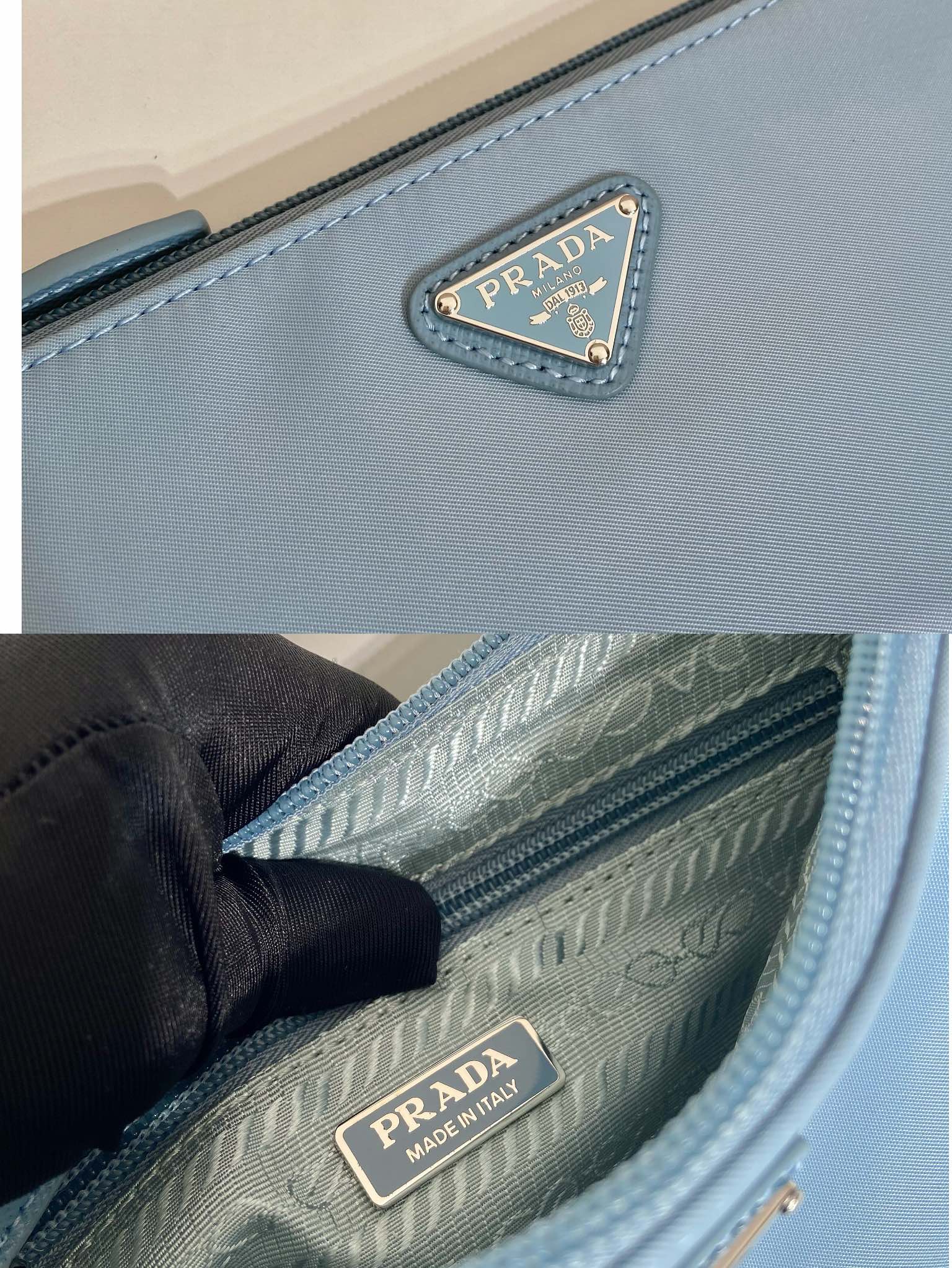 SHOULDER BAG 24 WITH TRIANGLE LOGO IN SKY BLUE RE-NYLON FABRIC mysite