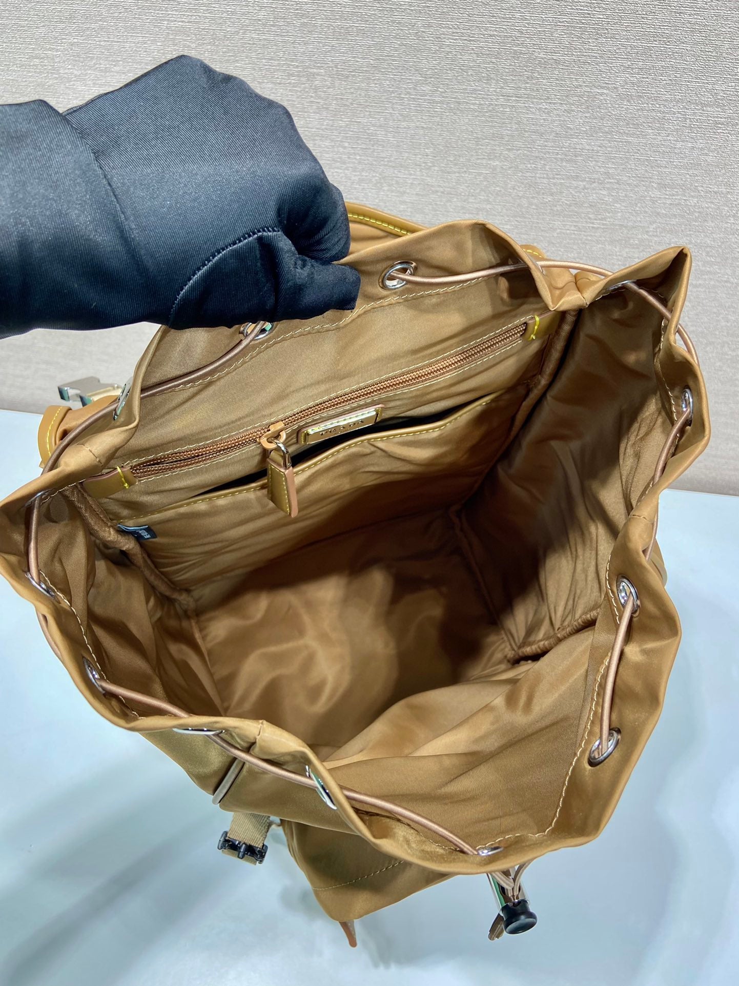 BACKPACK 45 IN CIDER BROWN RE-NYLON AND CALFSKIN TRIM mysite