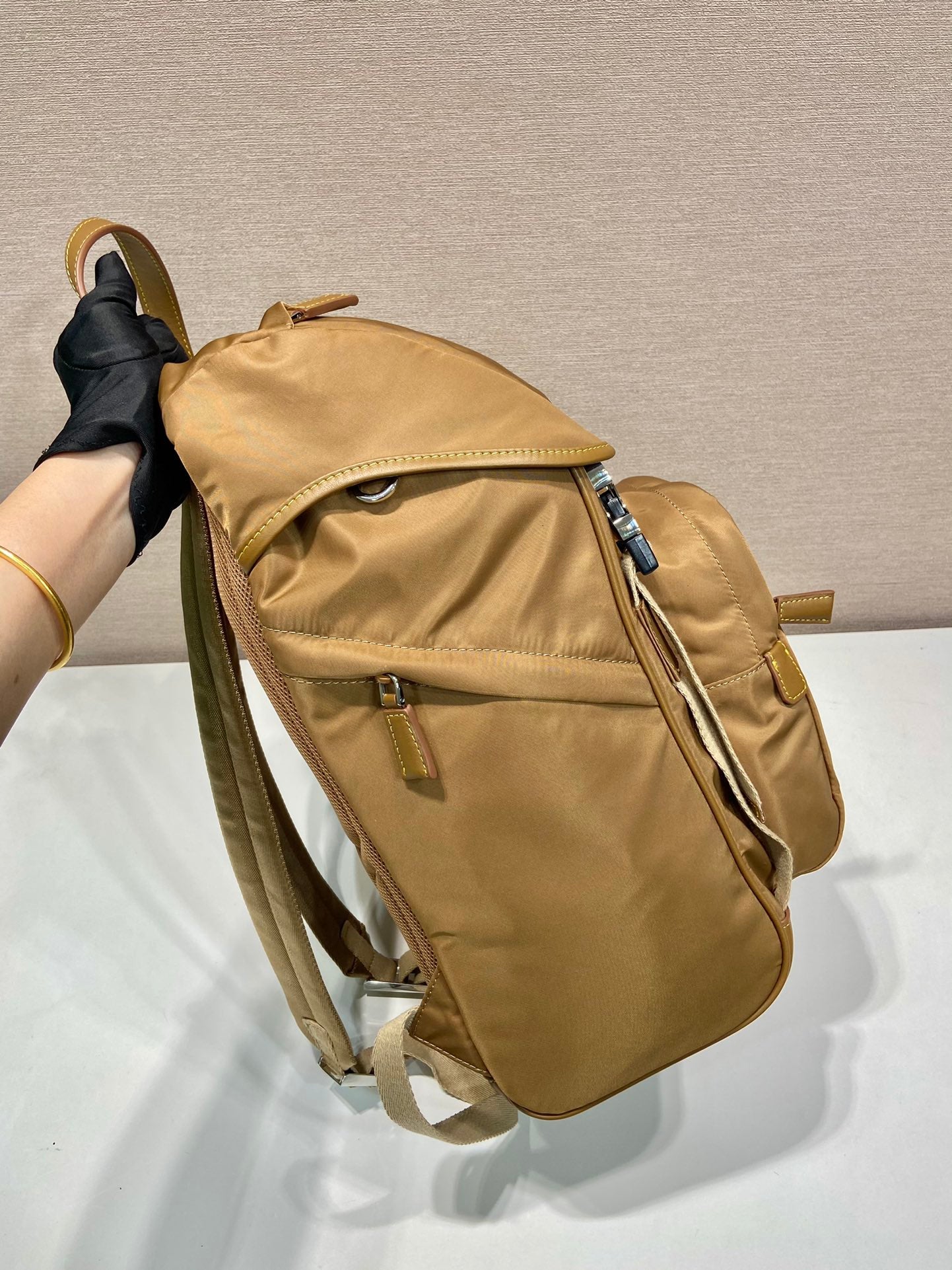 BACKPACK 45 IN CIDER BROWN RE-NYLON AND CALFSKIN TRIM mysite