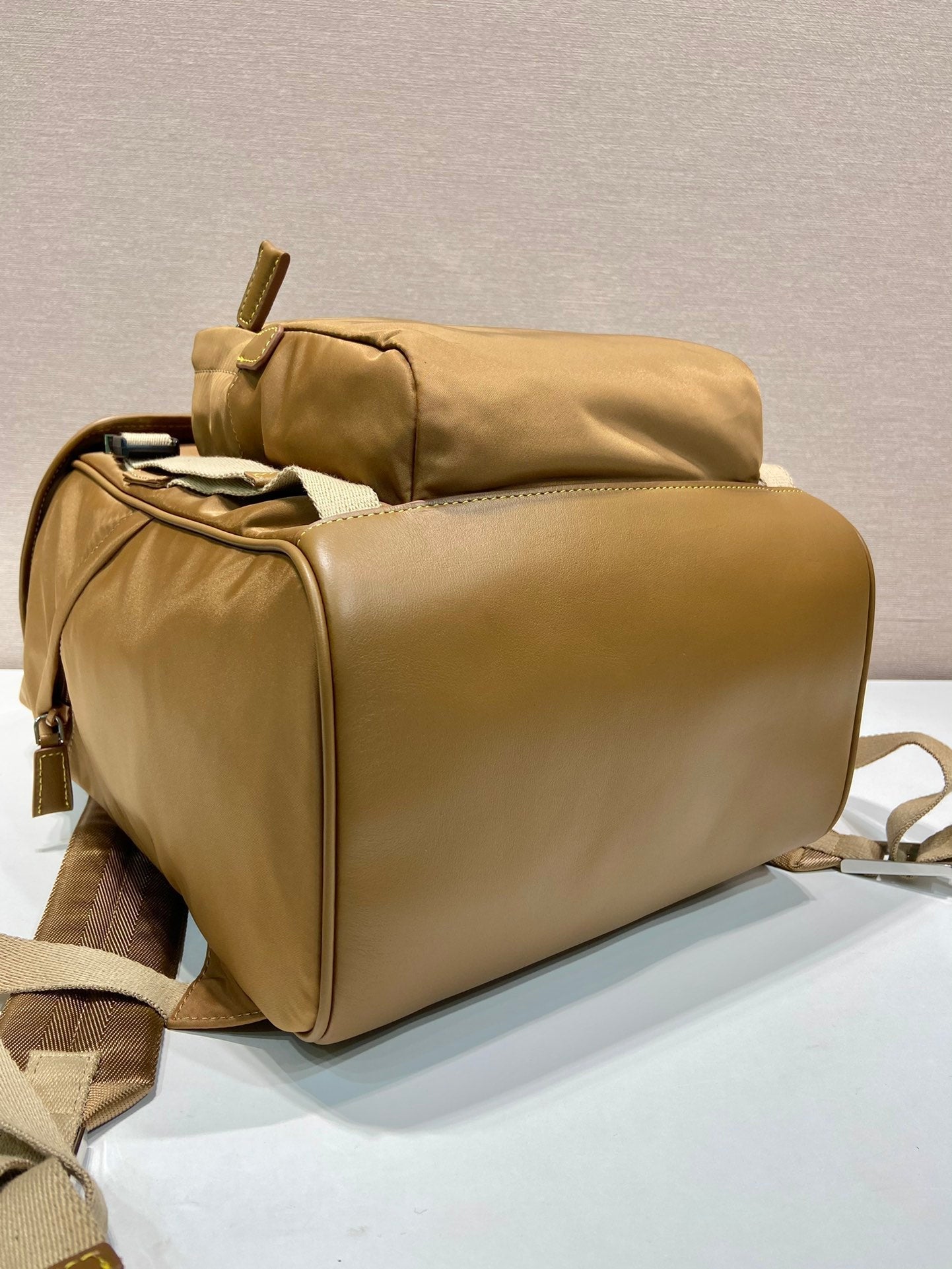 BACKPACK 45 IN CIDER BROWN RE-NYLON AND CALFSKIN TRIM mysite