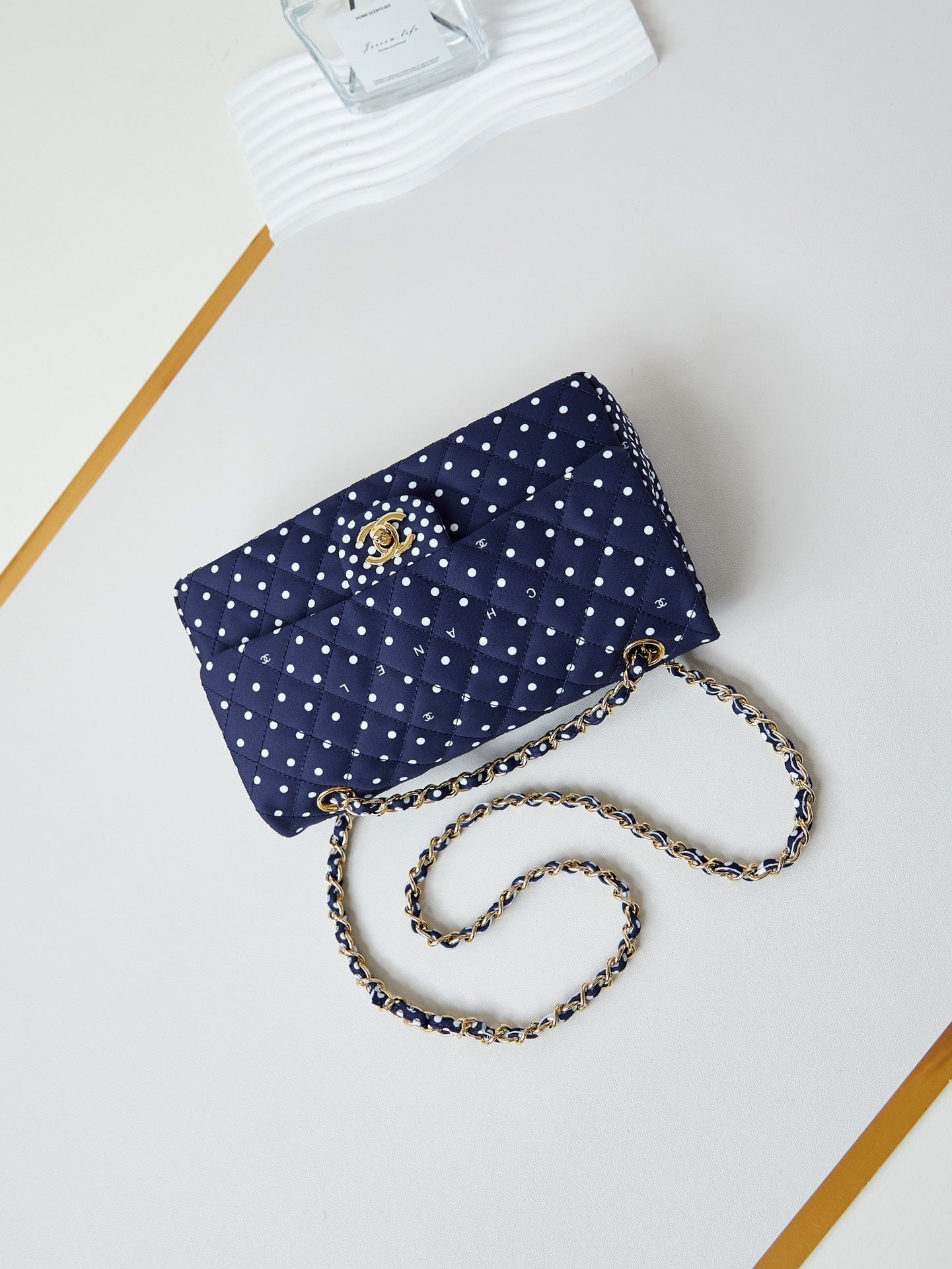 24p medium flap bag 25cm dark blue canvas white polka dot mysite