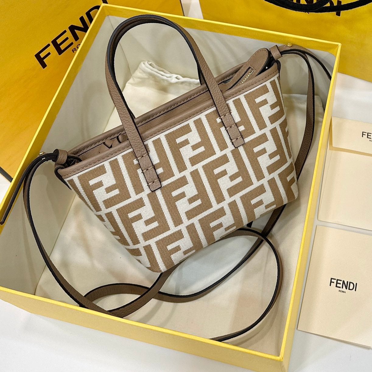 MINI ROLL BAG 15 PEANUT BROWN MIX WHITE FF JACQUARD FABRIC mysite