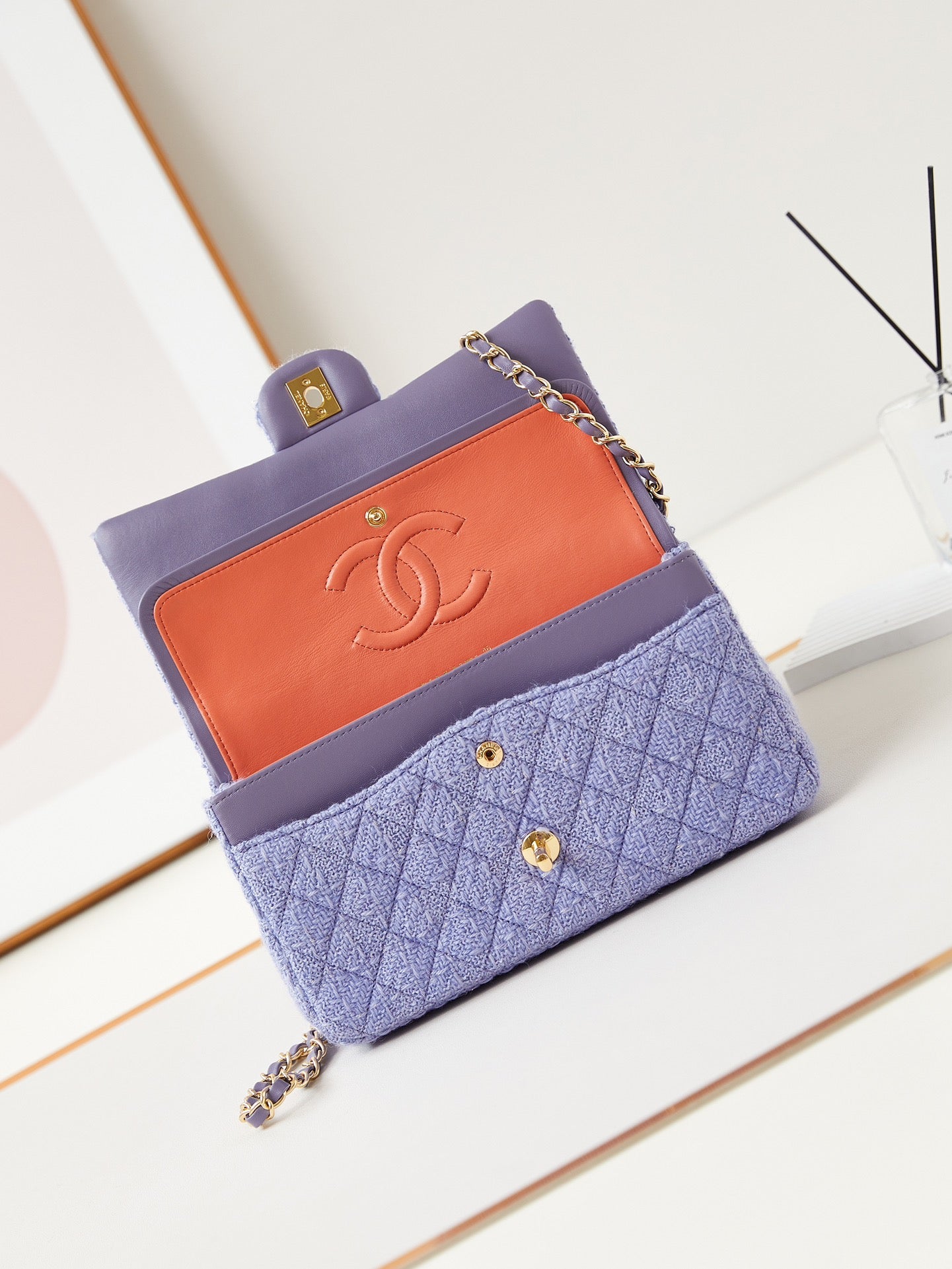 24p medium flap bag 25cm purple blue tweed gold hardware mysite