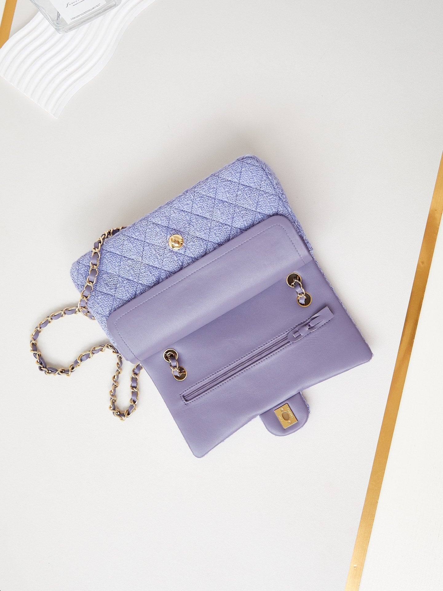 24p medium flap bag 25cm purple blue tweed gold hardware mysite