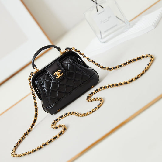 CC 24A Mini Top Handle 13cm Black Wax Leather Gold Hardware 238455 mysite