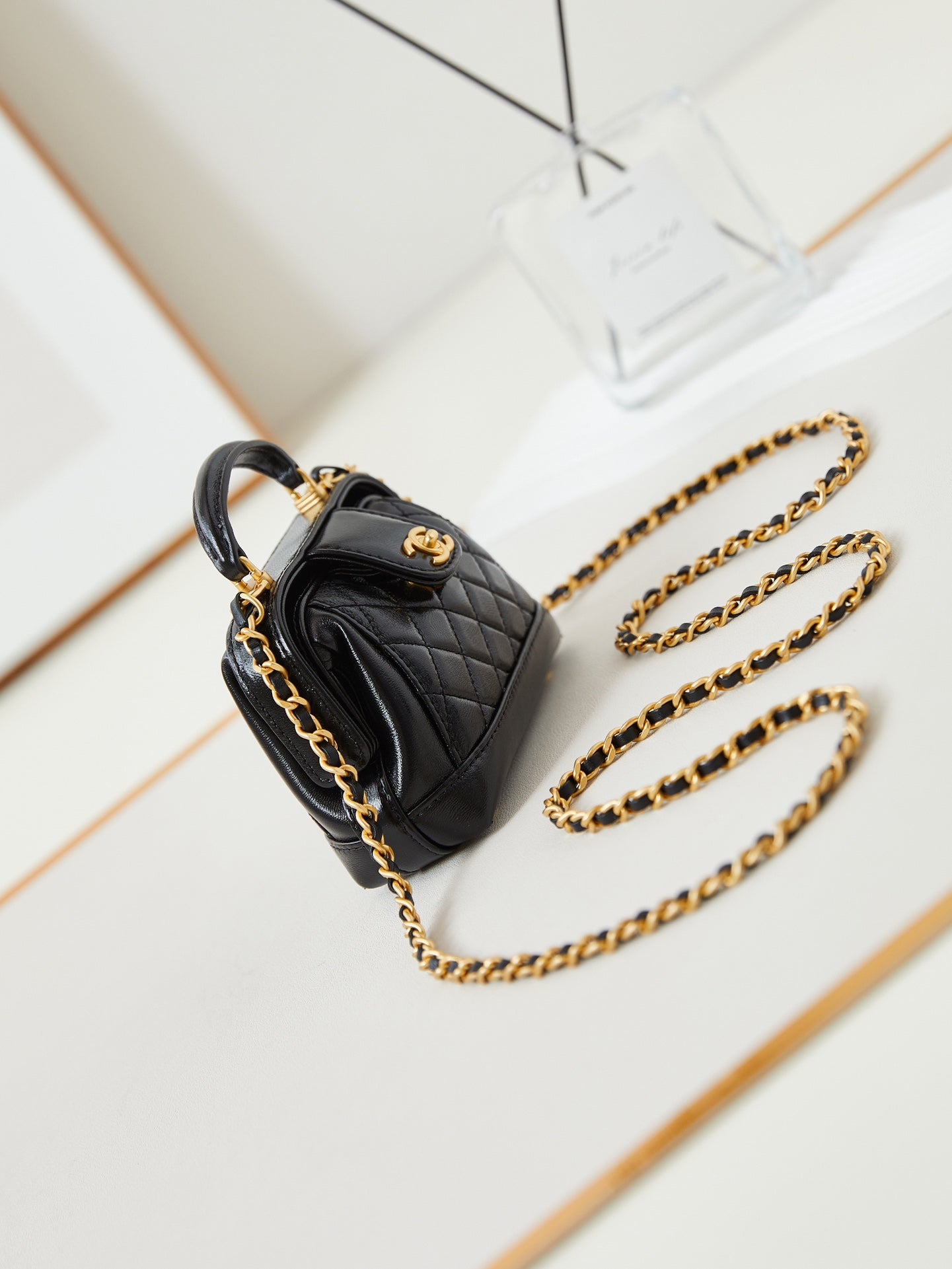 CC 24A Mini Top Handle 13cm Black Wax Leather Gold Hardware 238455 mysite