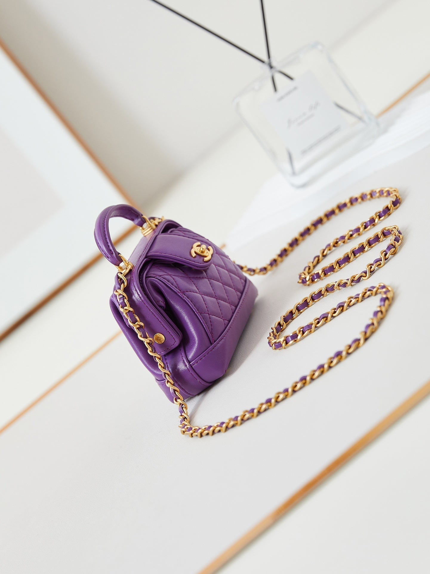 CC 24A Mini Top Handle 13cm Purple Wax Leather Gold Hardware 238457 mysite