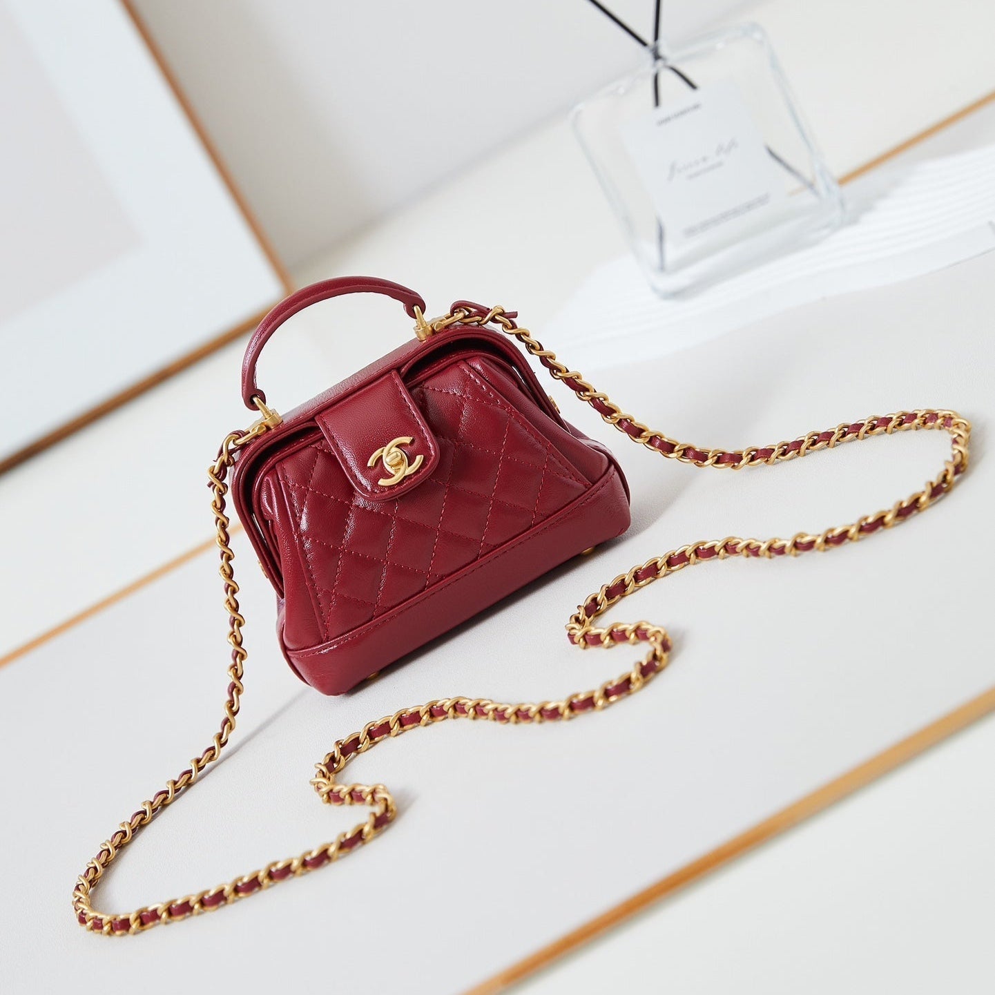 CC 24A Mini Top Handle 13cm Red Wax Leather Gold Hardware 238461 mysite