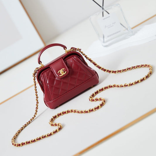 CC 24A Mini Top Handle 13cm Red Wax Leather Gold Hardware 238461 mysite