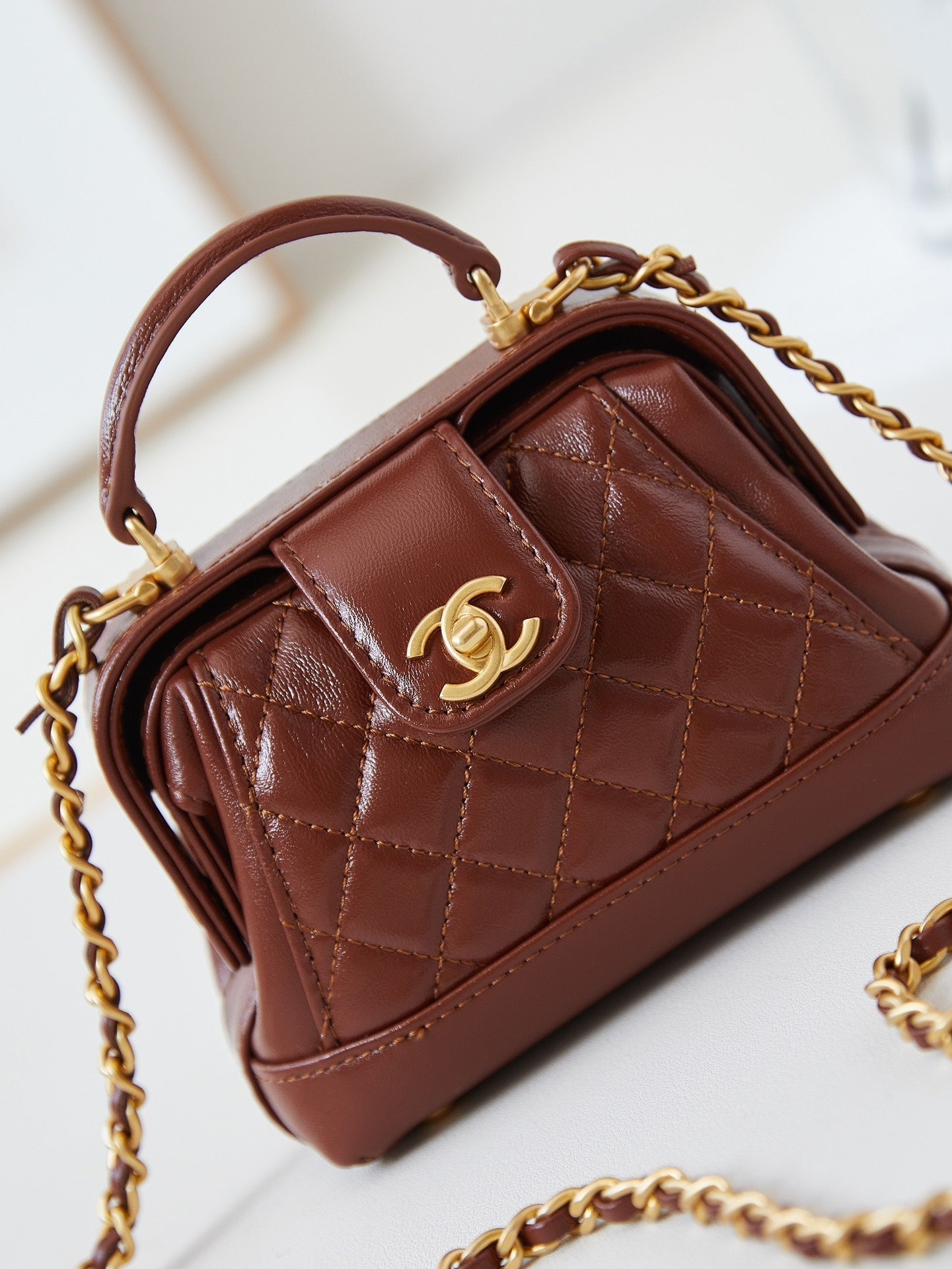 CC 24A Mini Top Handle 13cm Brown Wax Leather Gold Hardware 238463 mysite