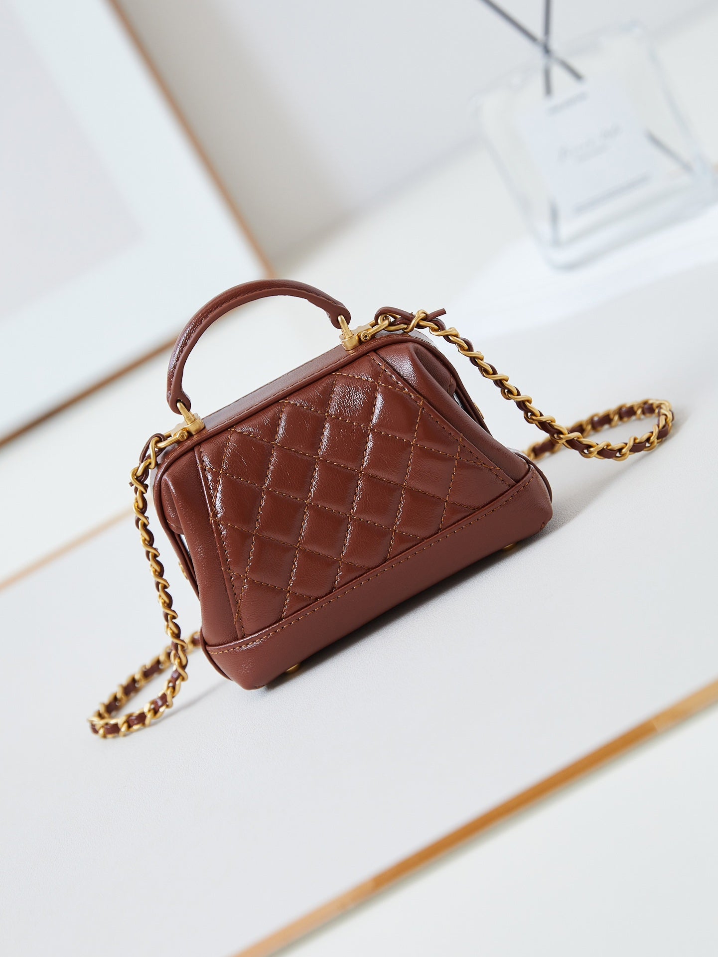 CC 24A Mini Top Handle 13cm Brown Wax Leather Gold Hardware 238463 mysite